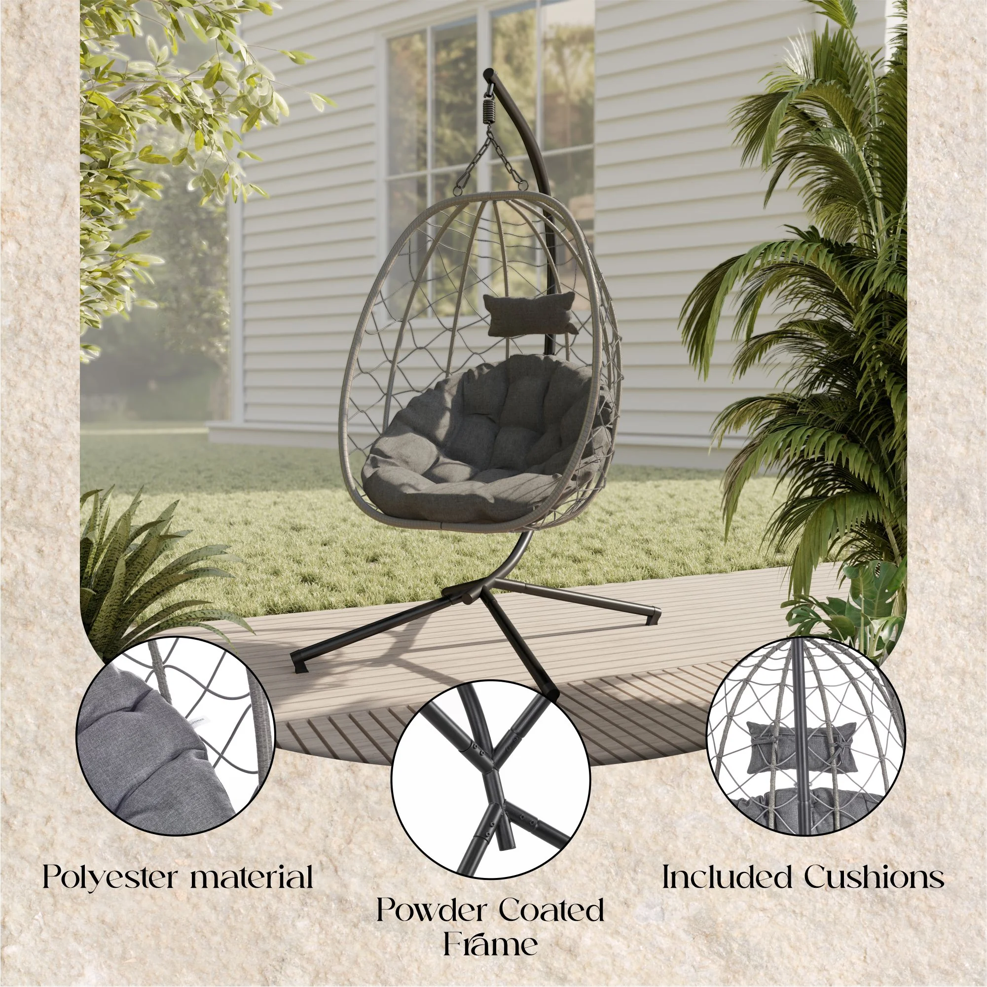 Summit Series Outdoor Egg Swing Chair In Grey With Light Grey Cushions