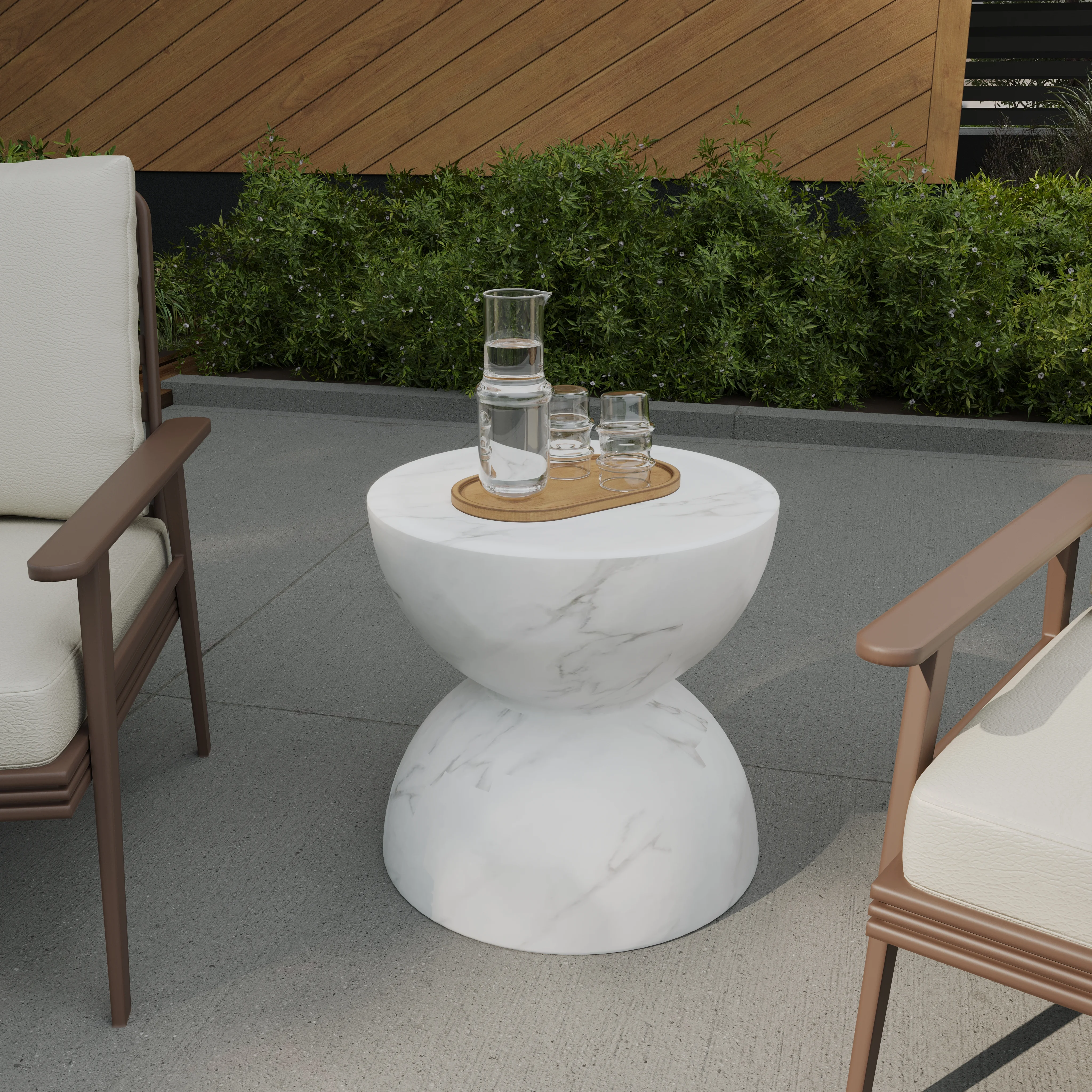 Sage Collection Fiberglass Outdoor Side Table in Marbled White