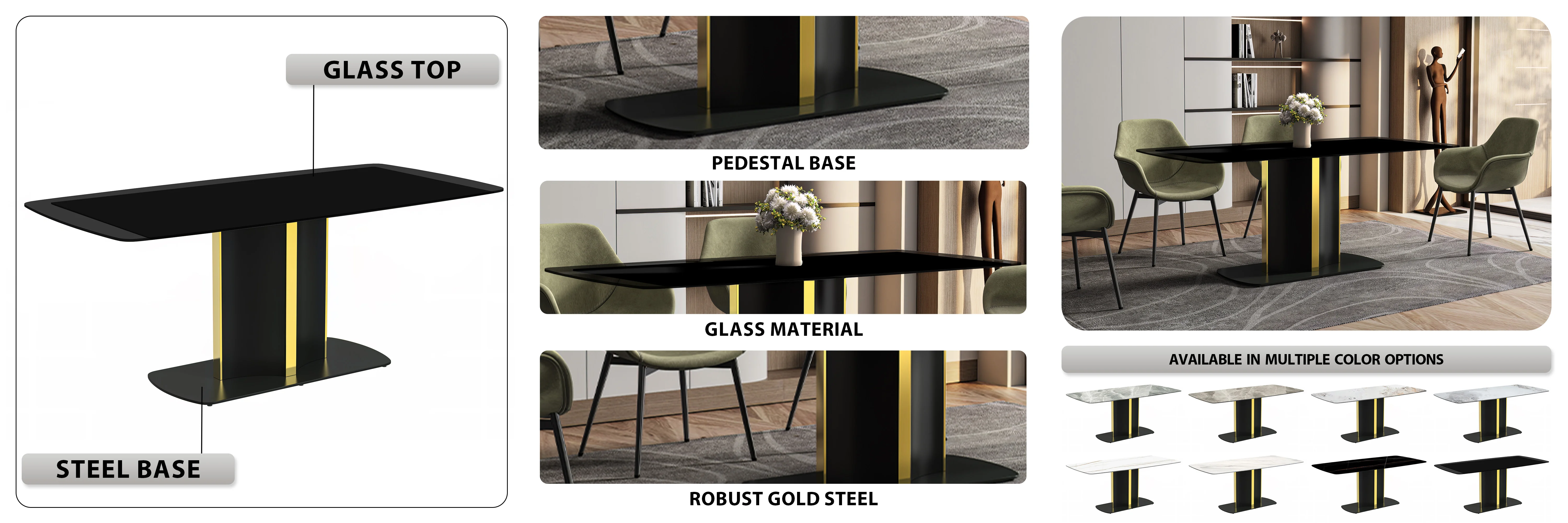 Sylva Series Modern Dining Table Black and Gold Base, With 55 Black Glass Top