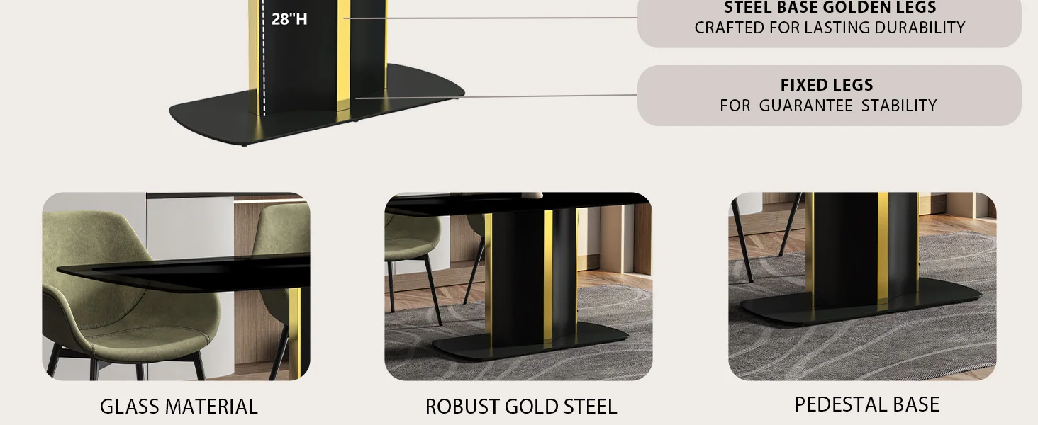 Sylva Series Modern Dining Table Black and Gold Base, With 55 Black Glass Top
