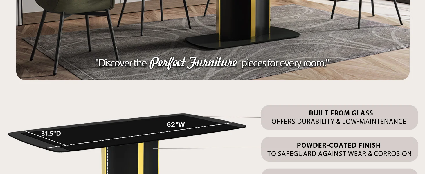 Sylva Series Modern Dining Table Black and Gold Base, With 55 Black Glass Top