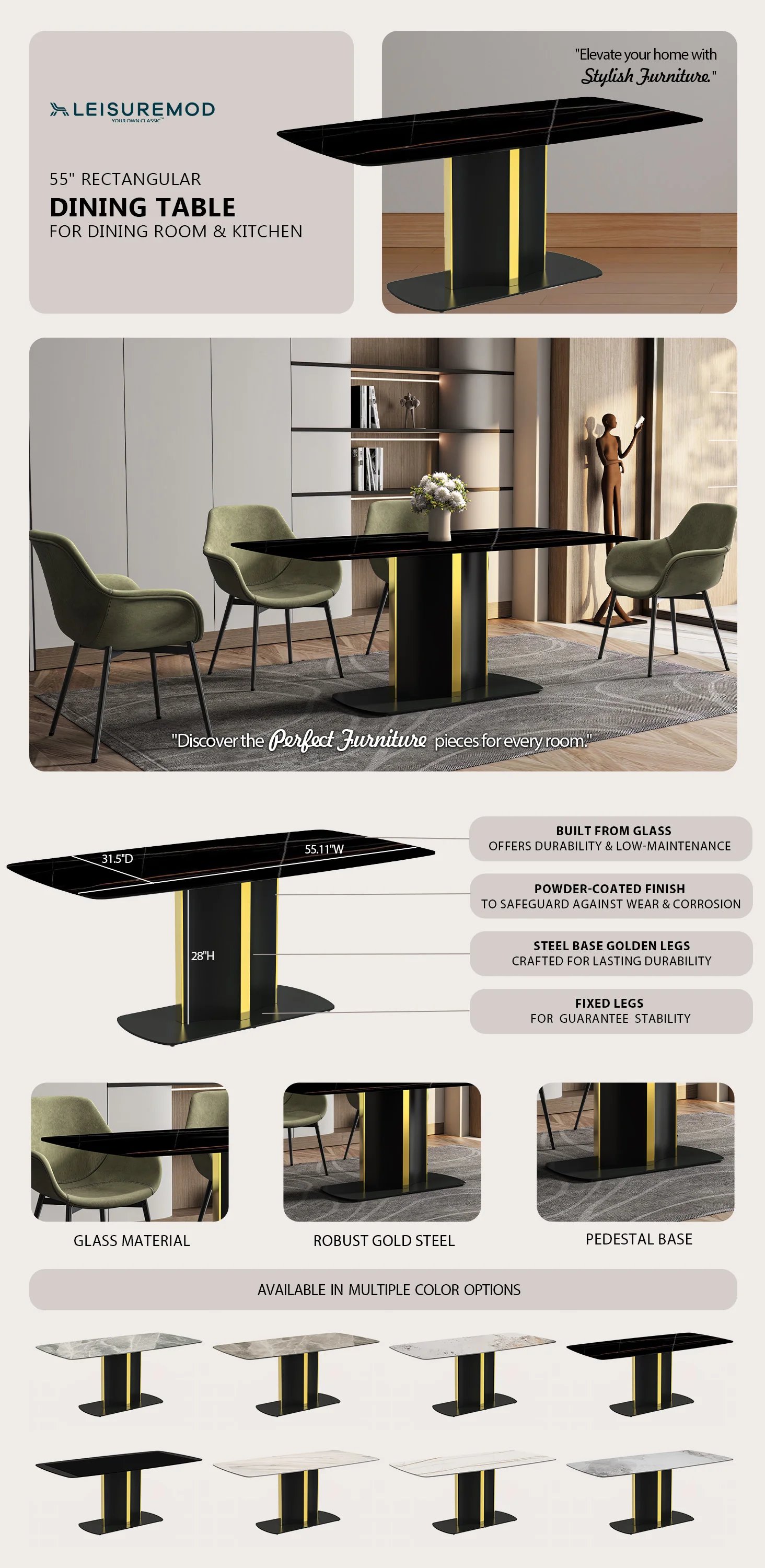 Sylva Series Modern Dining Table Black and Gold Base, With 55 Black/Gold Sintered Stone Top
