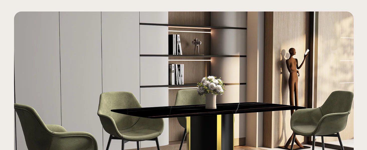 Sylva Series Modern Dining Table Black and Gold Base, With 55 Black/Gold Sintered Stone Top