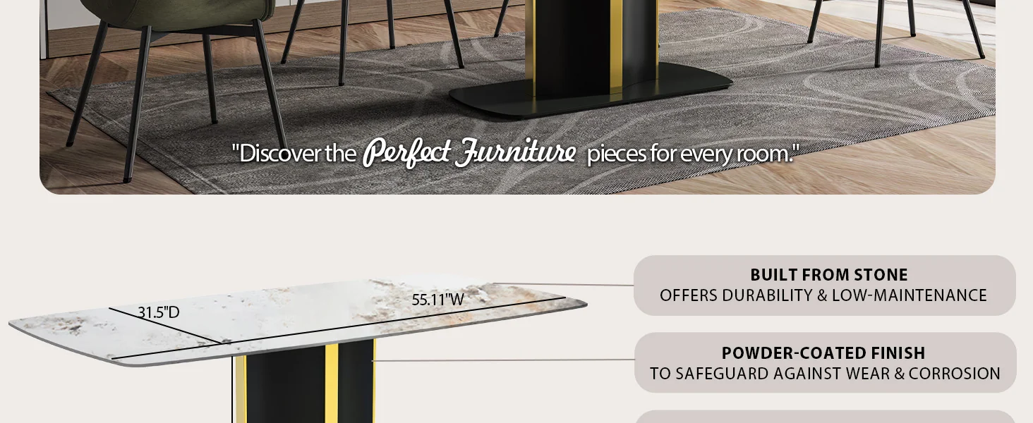 Sylva Series Modern Dining Table Black and Gold Base, With 55 White Grey Sintered Stone Top