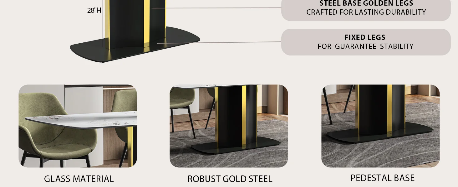 Sylva Series Modern Dining Table Black and Gold Base, With 55 White Grey Sintered Stone Top