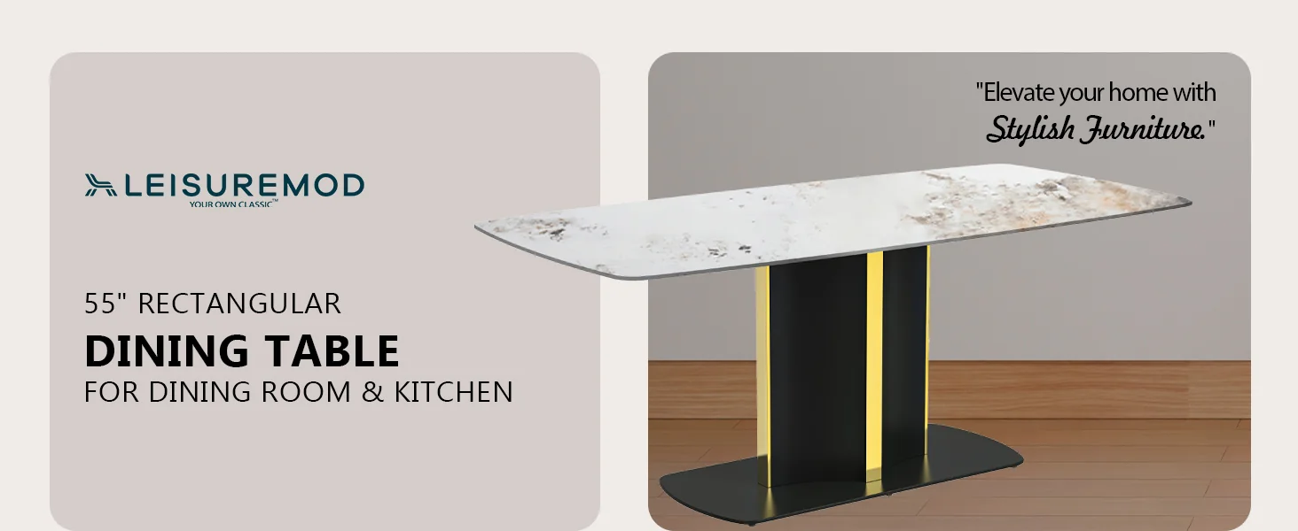 Sylva Series Modern Dining Table Black and Gold Base, With 55 White Grey Sintered Stone Top