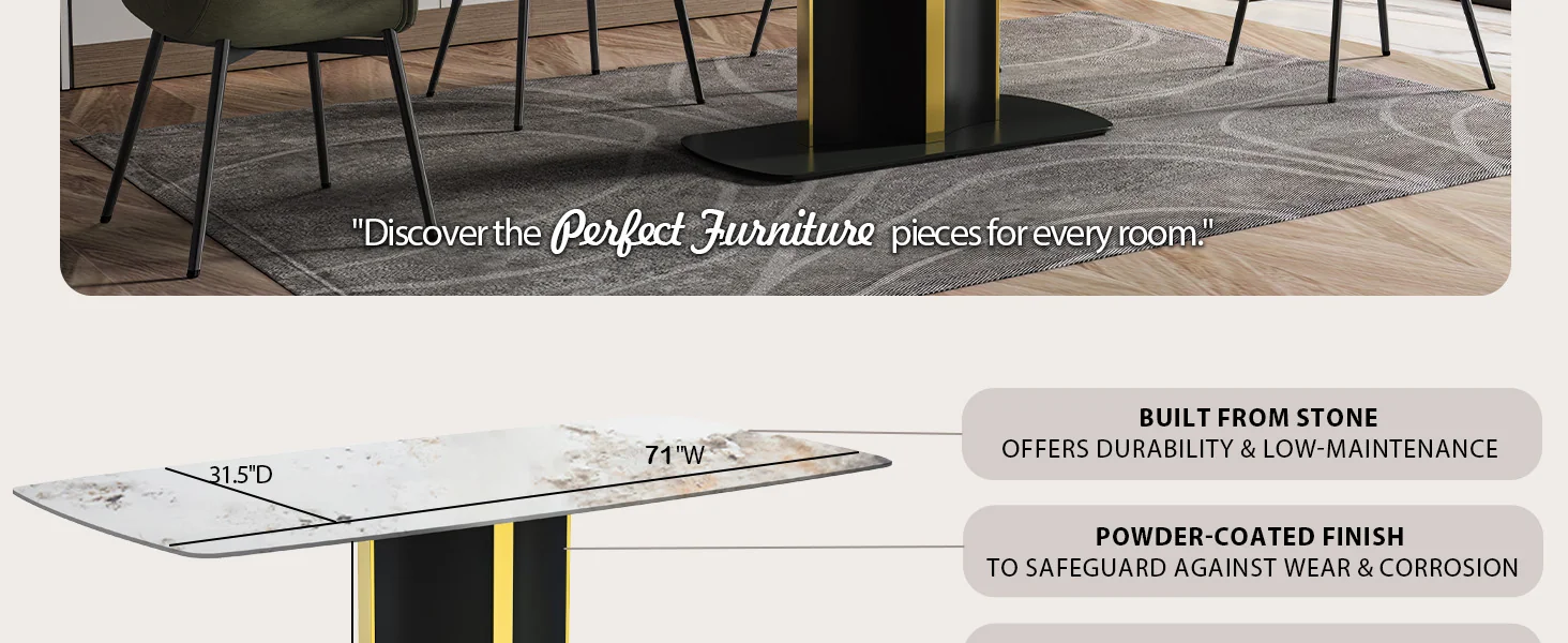 Sylva Series Modern Dining Table Black and Gold Base, With 55 White Grey Sintered Stone Top