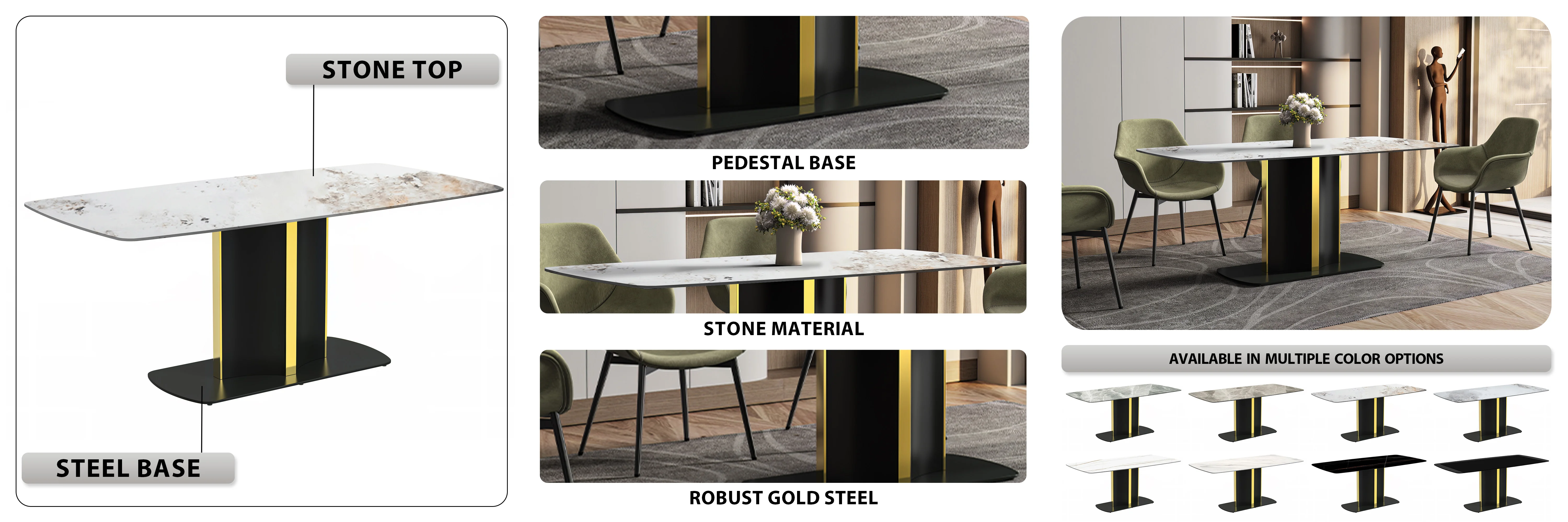 Sylva Series Modern Dining Table Black and Gold Base, With 55 White Grey Sintered Stone Top