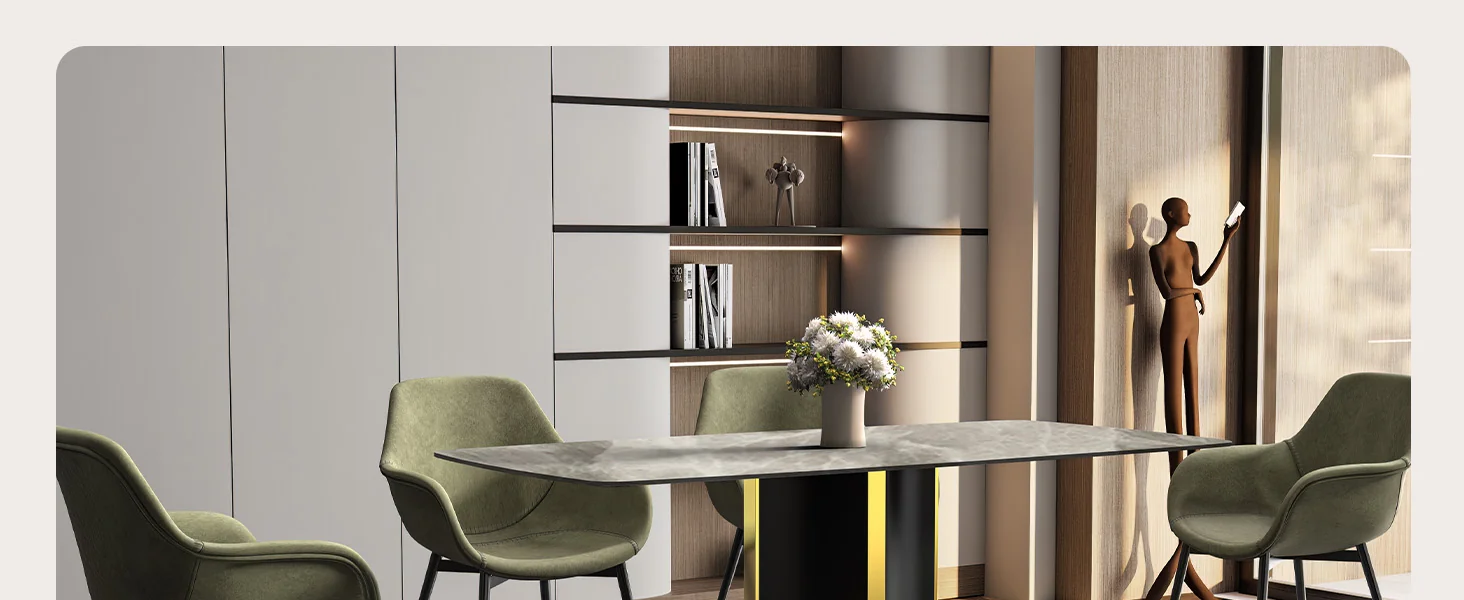Sylva Series Modern Dining Table Black and Gold Base, With 55 Deep Grey Sintered Stone Top