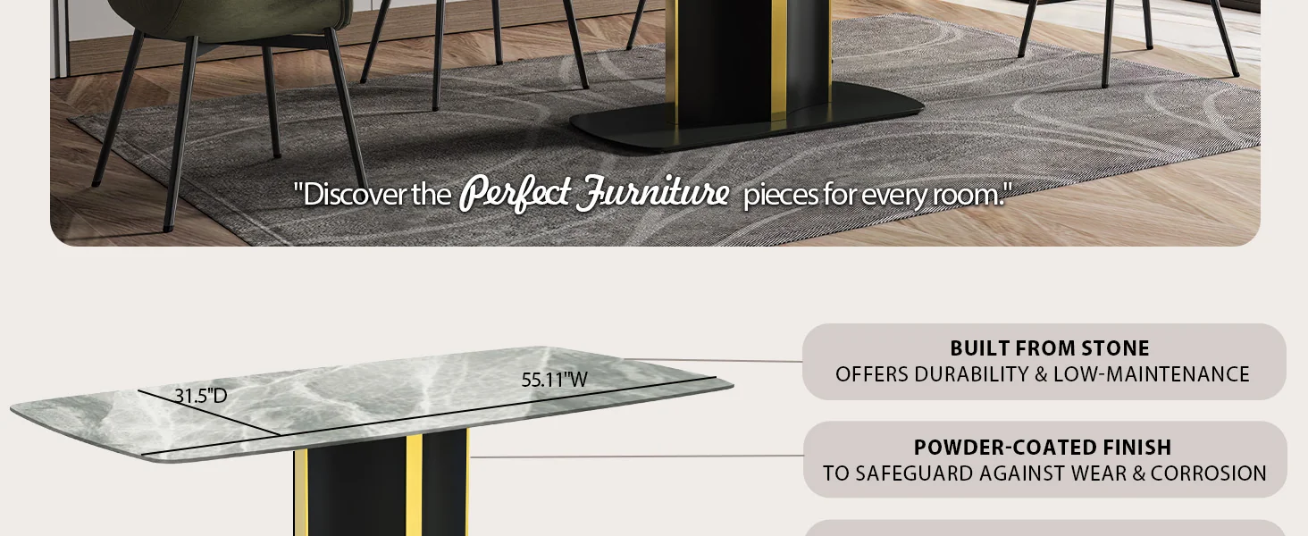 Sylva Series Modern Dining Table Black and Gold Base, With 55 Light Grey Sintered Stone Top