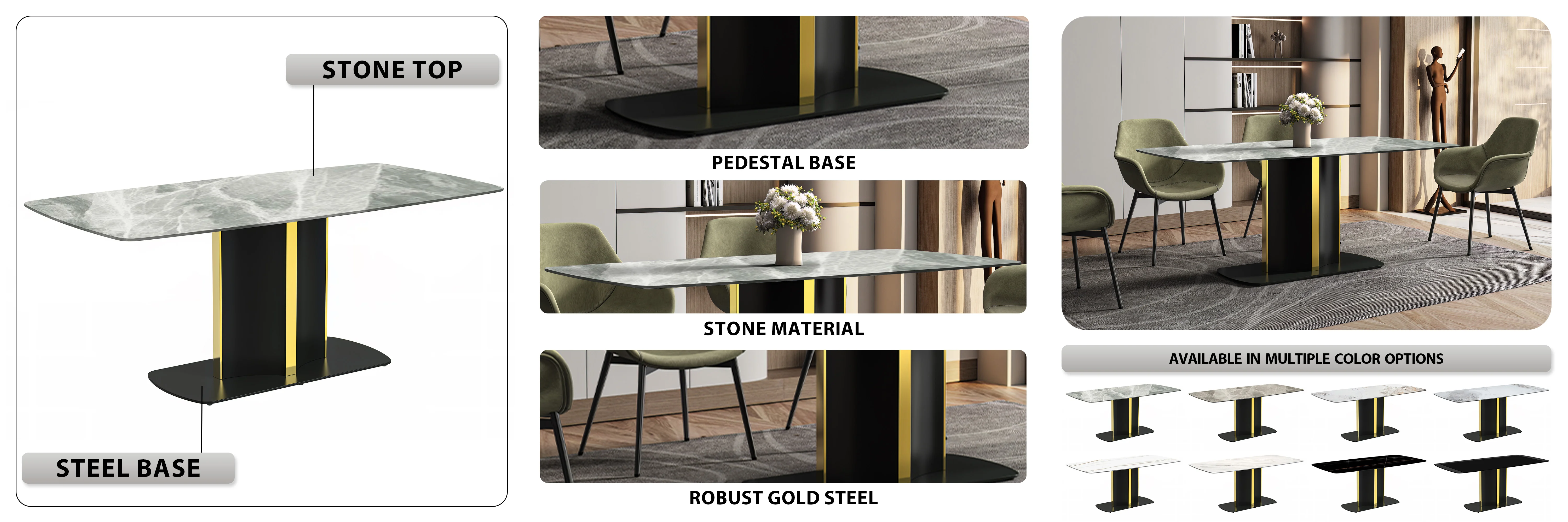 Sylva Series Modern Dining Table Black and Gold Base, With 55 Light Grey Sintered Stone Top