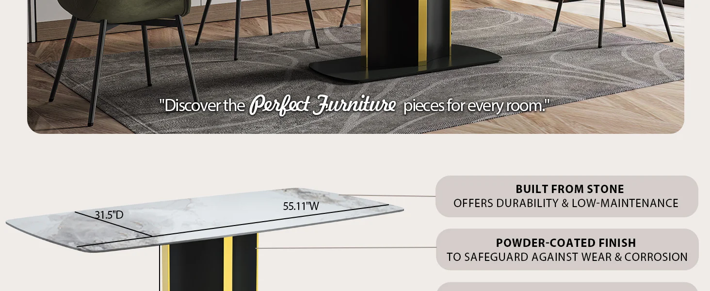 Sylva Series Modern Dining Table Black and Gold Base, With 55 Medium Grey Sintered Stone Top