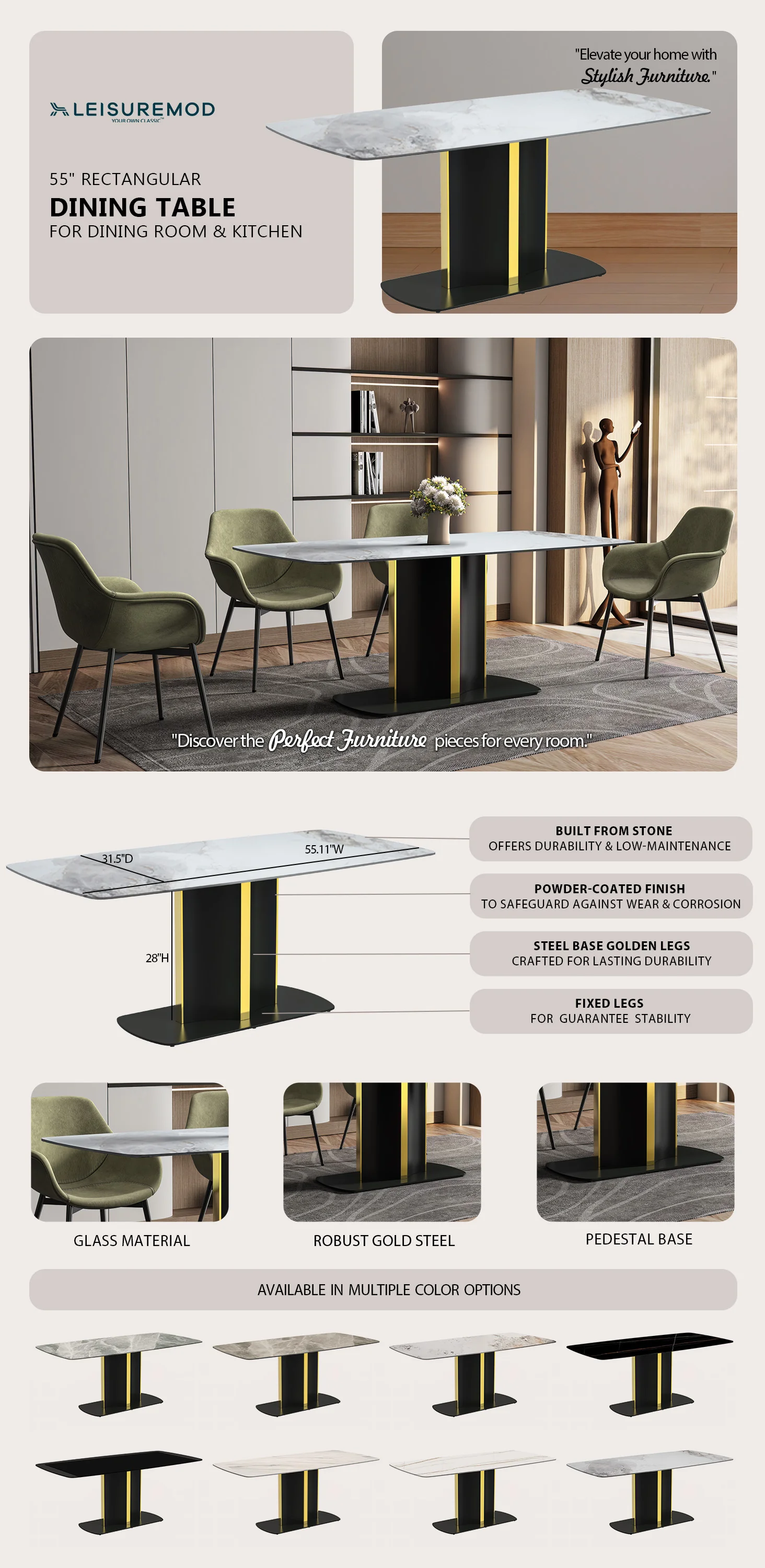 Sylva Series Modern Dining Table Black and Gold Base, With 55 Medium Grey Sintered Stone Top