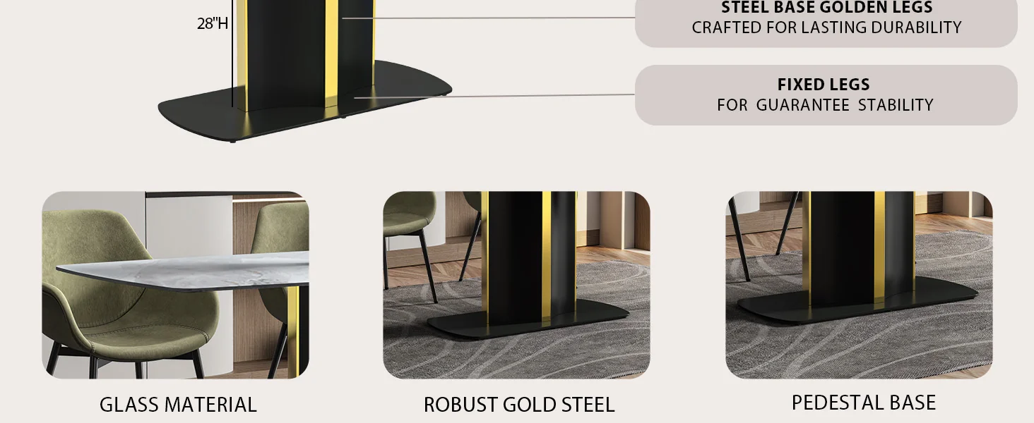 Sylva Series Modern Dining Table Black and Gold Base, With 55 Medium Grey Sintered Stone Top