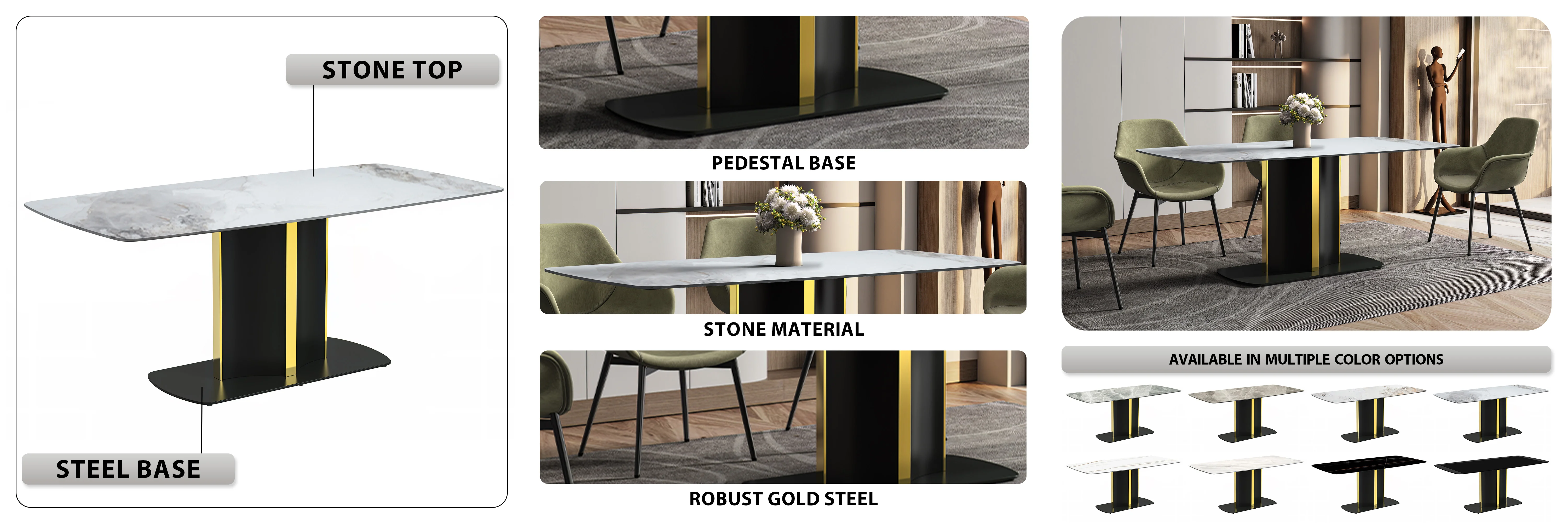 Sylva Series Modern Dining Table Black and Gold Base, With 55 Medium Grey Sintered Stone Top
