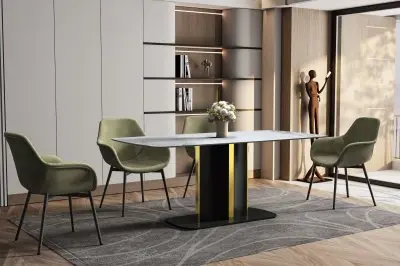 Sylva Series Modern Dining Table Black and Gold Base, With 55 Medium Grey Sintered Stone Top