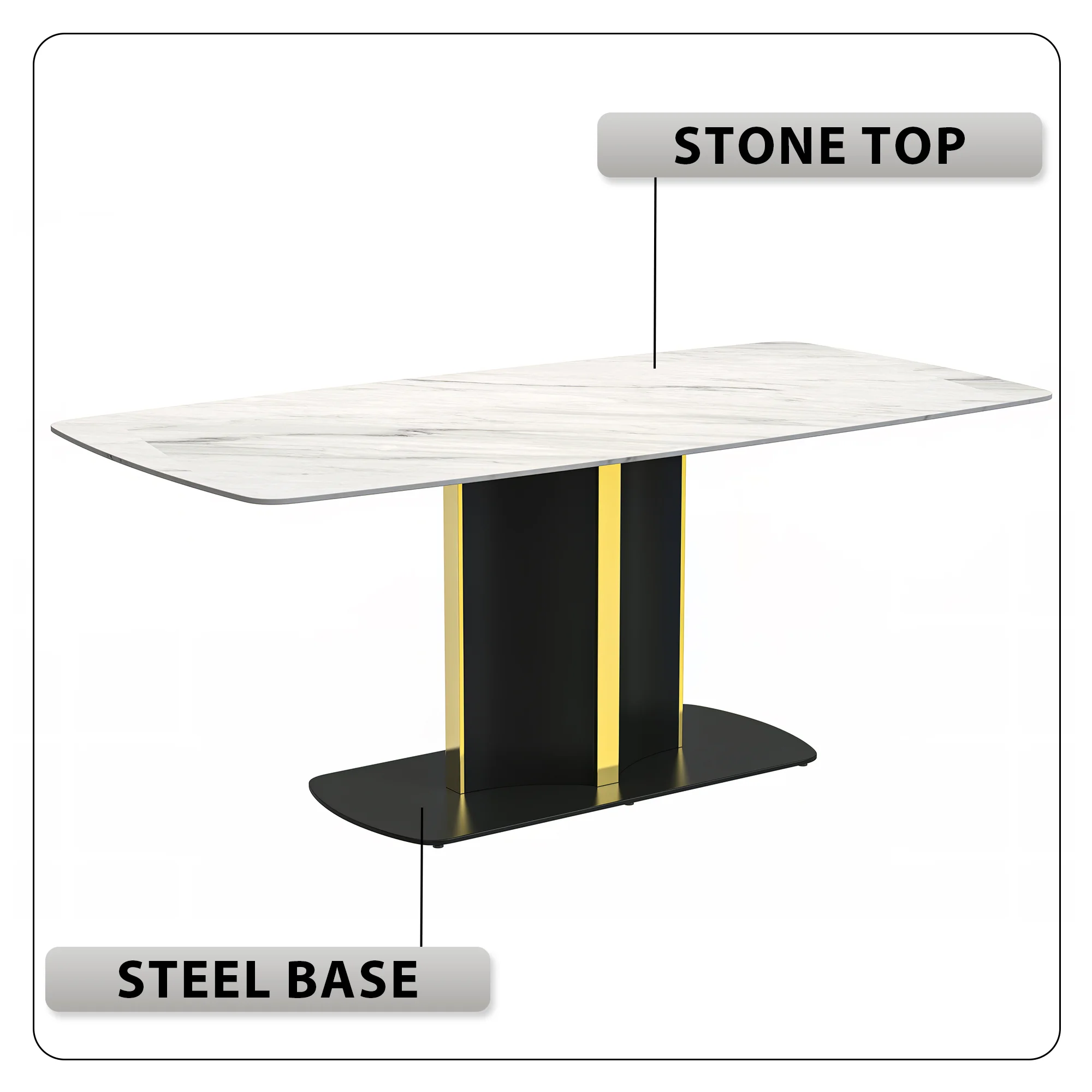 Sylva Series Modern Dining Table Black and Gold Base, With 55 White Sintered Stone Top