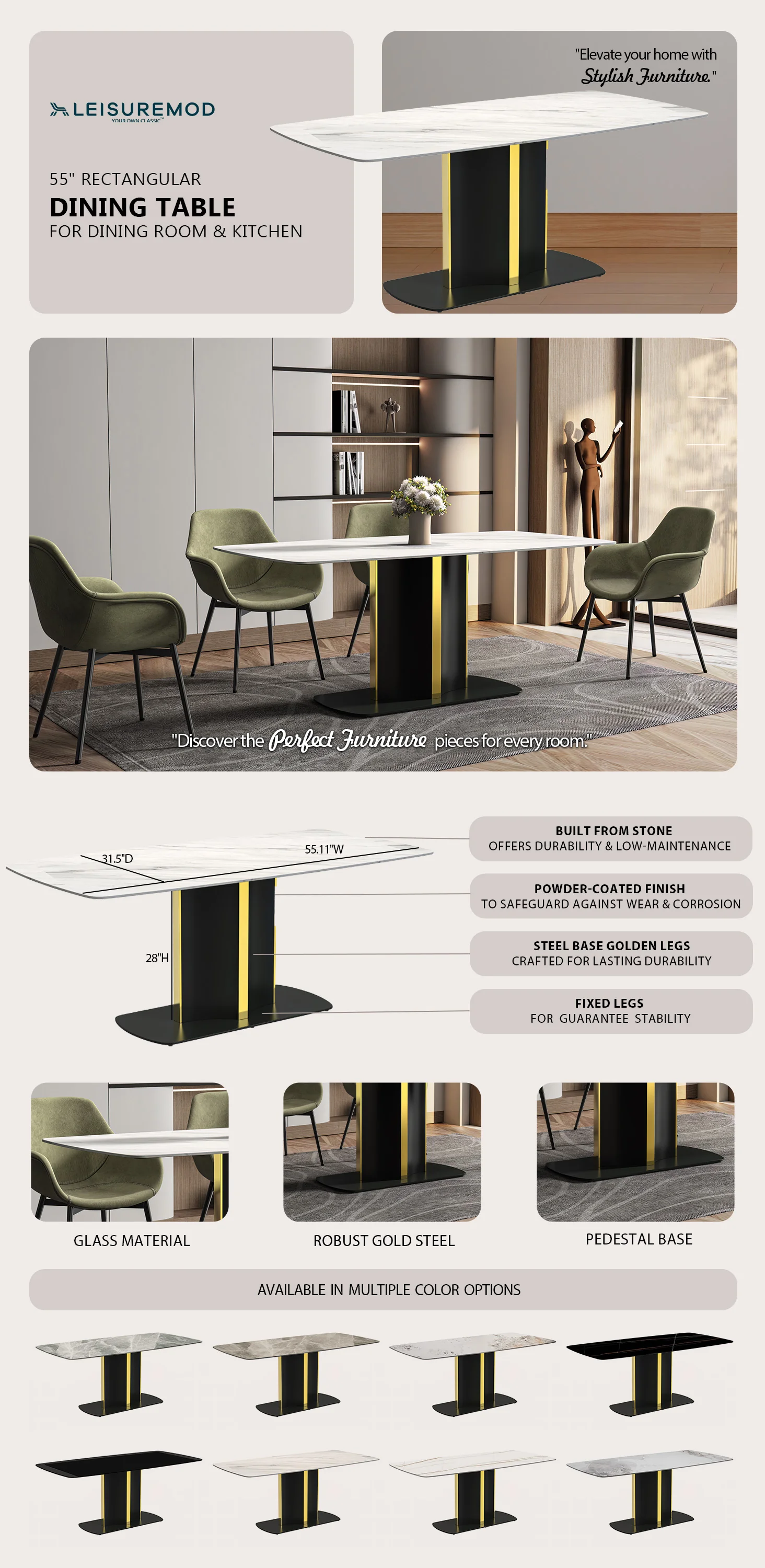 Sylva Series Modern Dining Table Black and Gold Base, With 55 White Sintered Stone Top