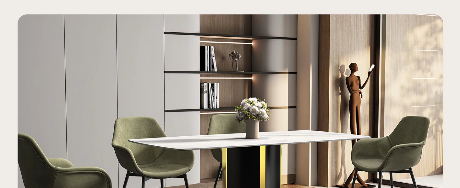 Sylva Series Modern Dining Table Black and Gold Base, With 55 White Sintered Stone Top