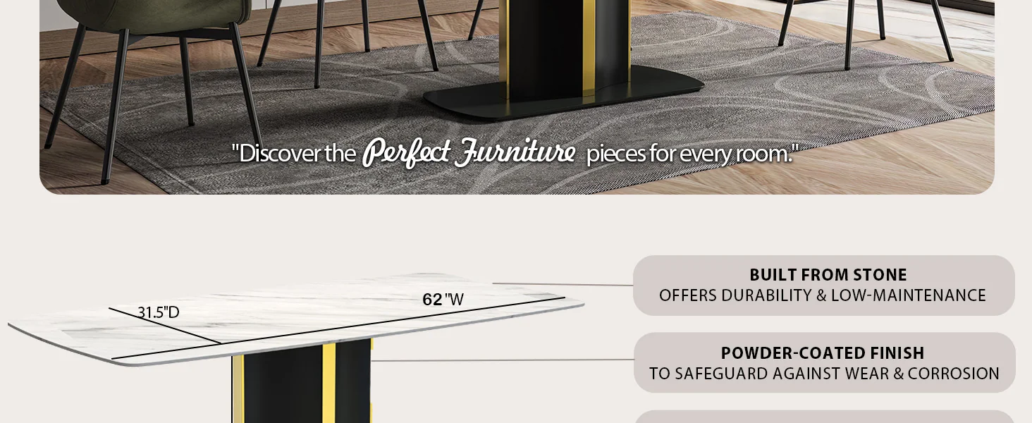 Sylva Series Modern Dining Table Black and Gold Base, With 55 White Sintered Stone Top