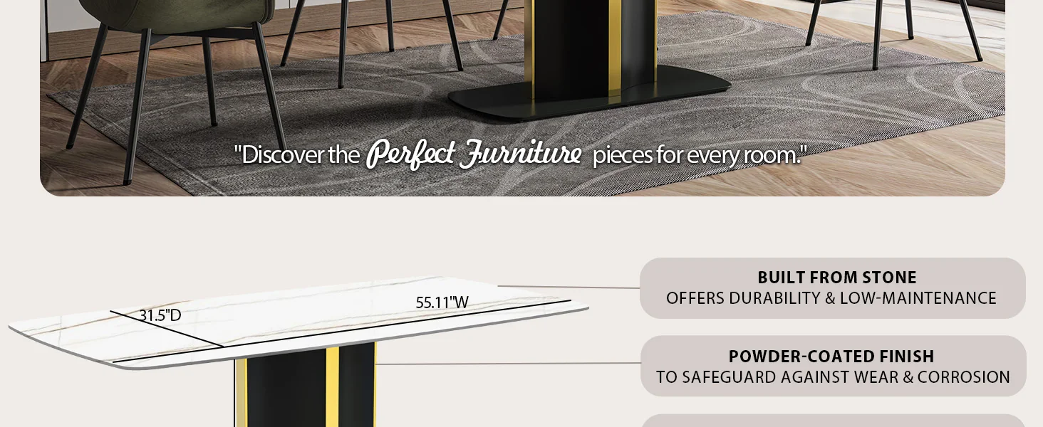 Sylva Series Modern Dining Table Black and Gold Base, With 55 White/Gold Sintered Stone Top