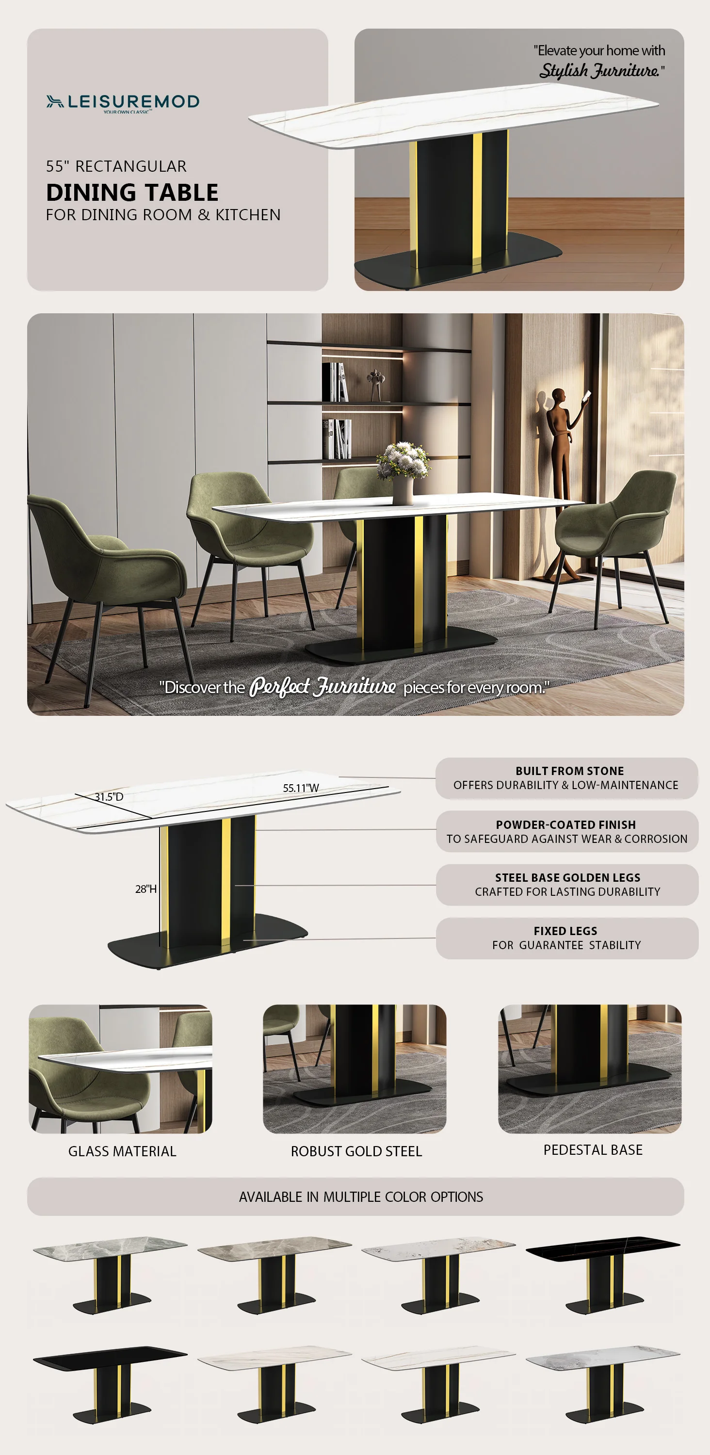 Sylva Series Modern Dining Table Black and Gold Base, With 55 White/Gold Sintered Stone Top