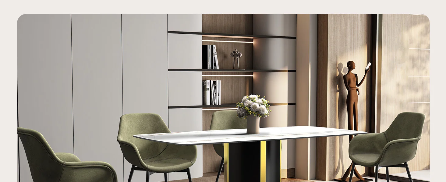 Sylva Series Modern Dining Table Black and Gold Base, With 55 White/Gold Sintered Stone Top