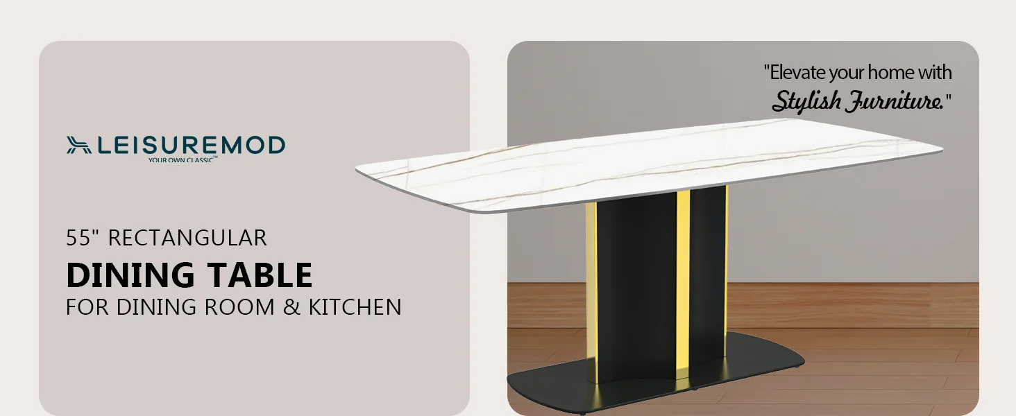 Sylva Series Modern Dining Table Black and Gold Base, With 55 White/Gold Sintered Stone Top