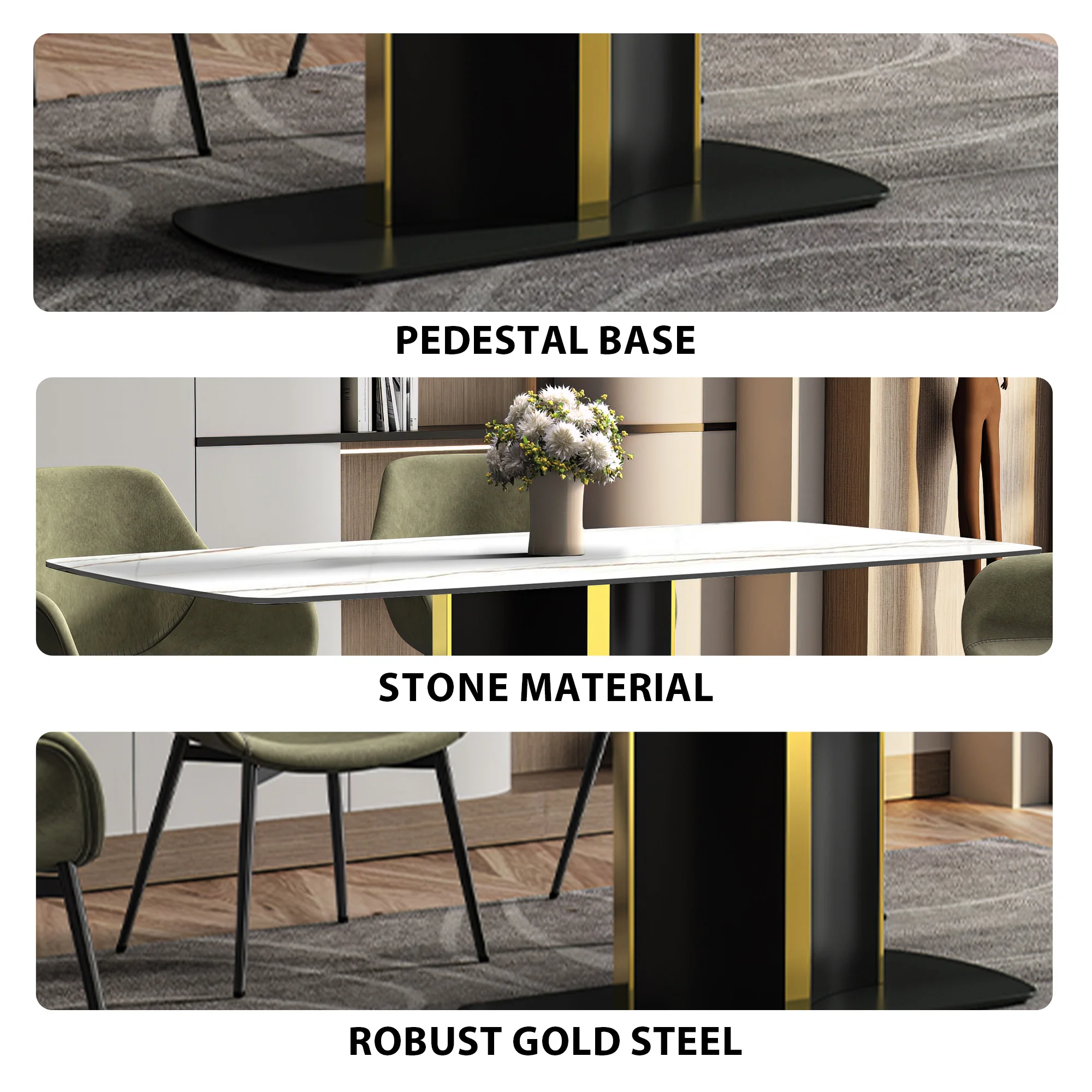 Sylva Series Modern Dining Table Black and Gold Base, With 55 White/Gold Sintered Stone Top
