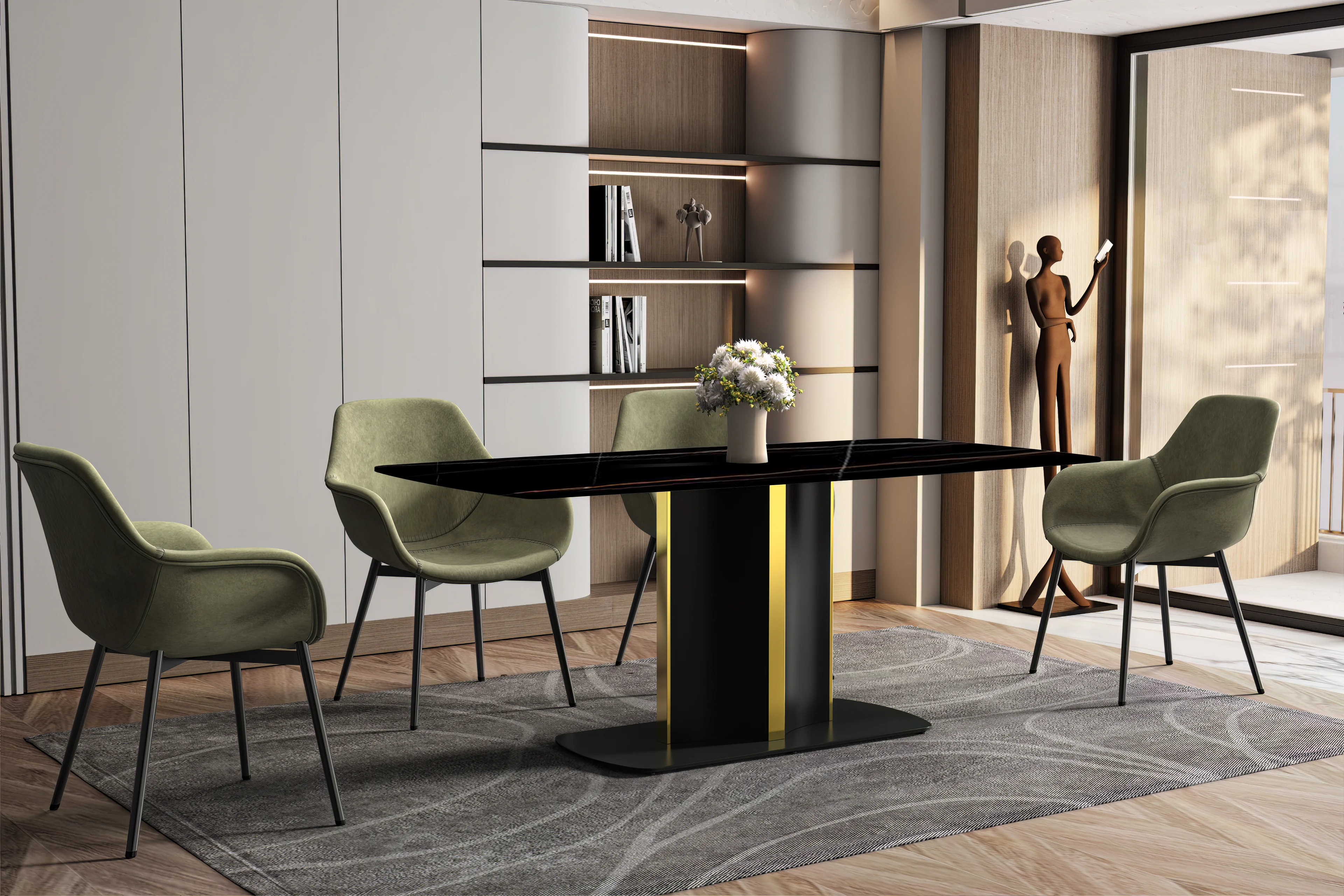 Sylva Series Modern Dining Table Black and Gold Base, With 62" Black/Gold Sintered Stone Top