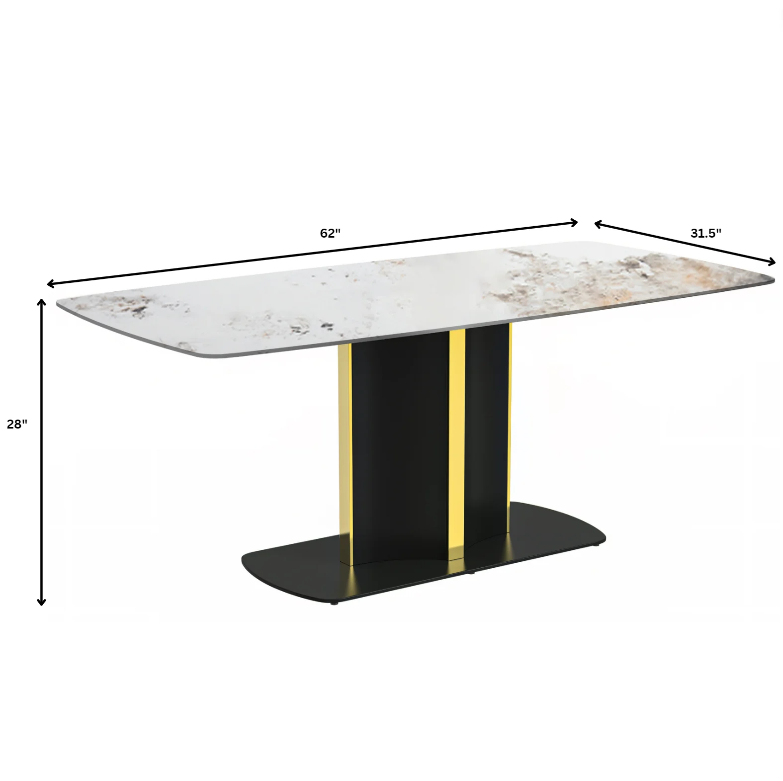 Sylva Series Modern Dining Table Black and Gold Base, With 62" White Grey Sintered Stone Top