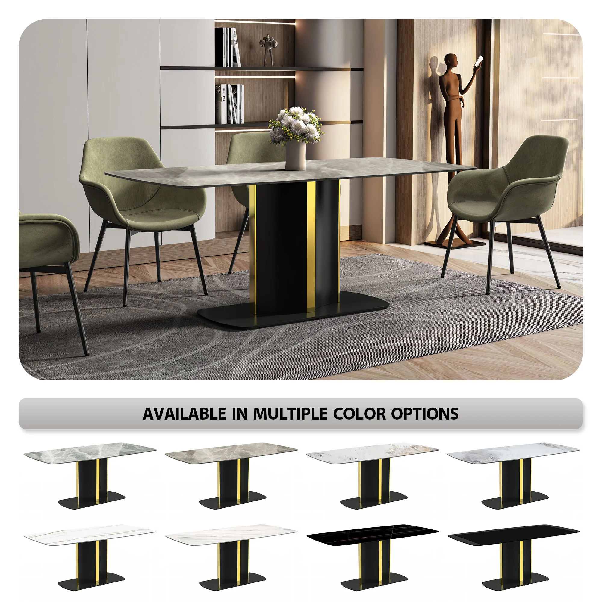 Sylva Series Modern Dining Table Black and Gold Base, With 62" Deep Grey Sintered Stone Top