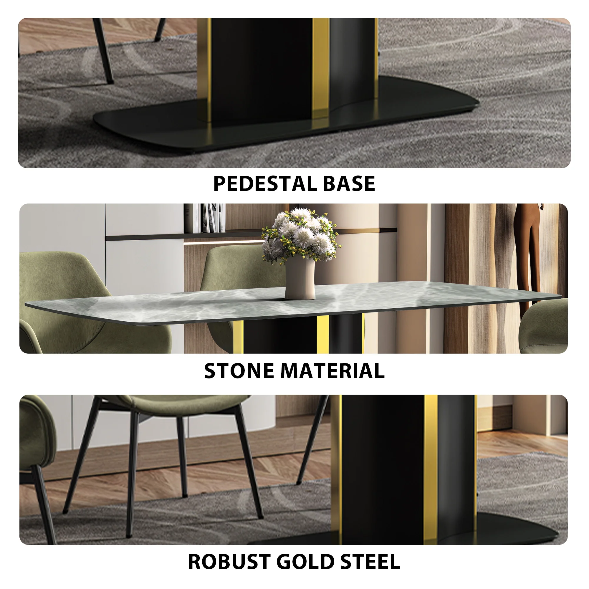 Sylva Series Modern Dining Table Black and Gold Base, With 62" Light Grey Sintered Stone Top