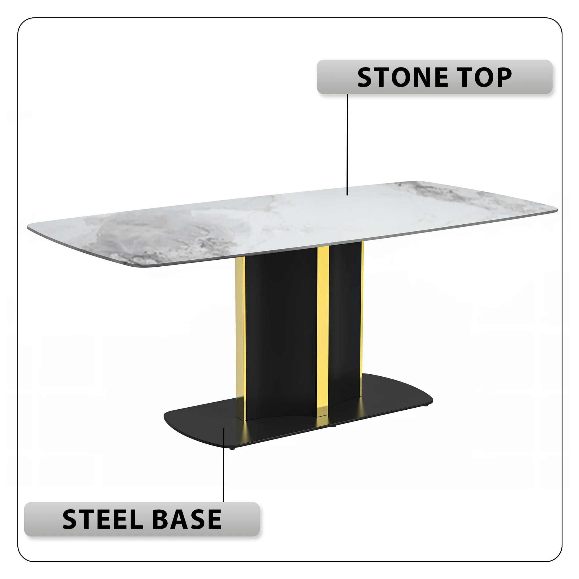 Sylva Series Modern Dining Table Black and Gold Base, With 62" Medium Grey Sintered Stone Top