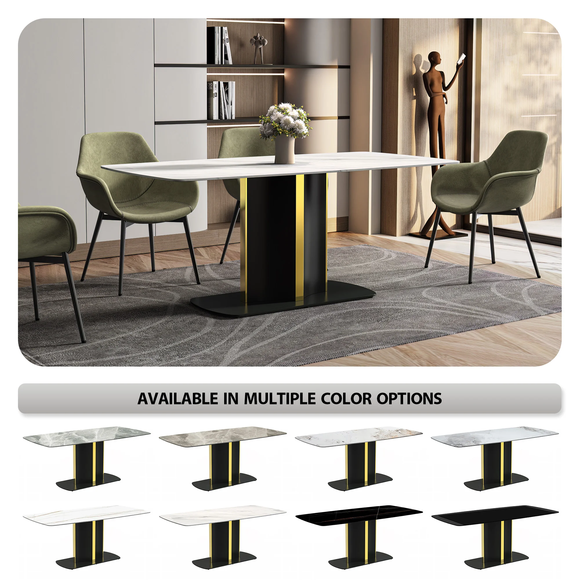 Sylva Series Modern Dining Table Black and Gold Base, With 62" White Sintered Stone Top