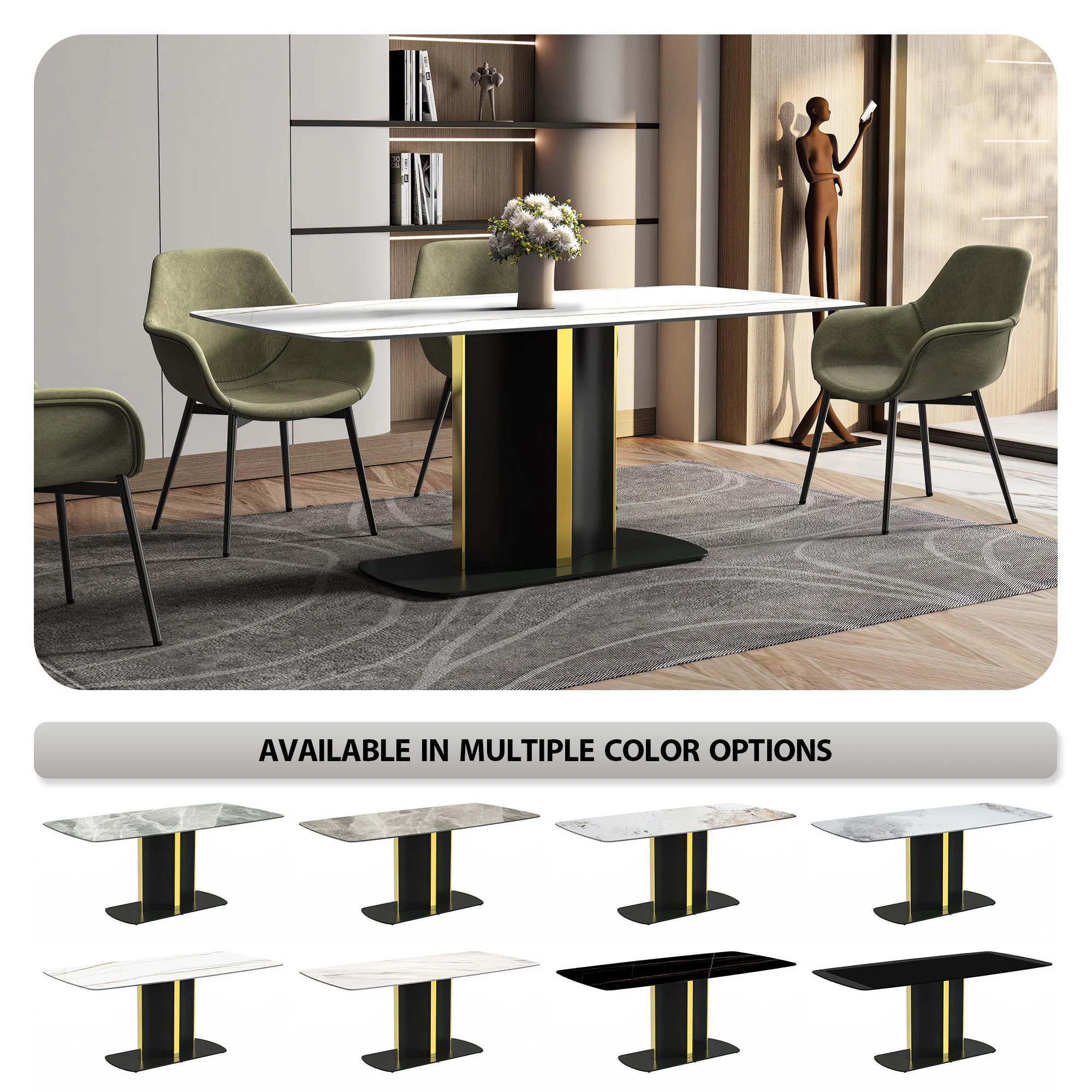 Sylva Series Modern Dining Table Black and Gold Base, With 62" White/Gold Sintered Stone Top