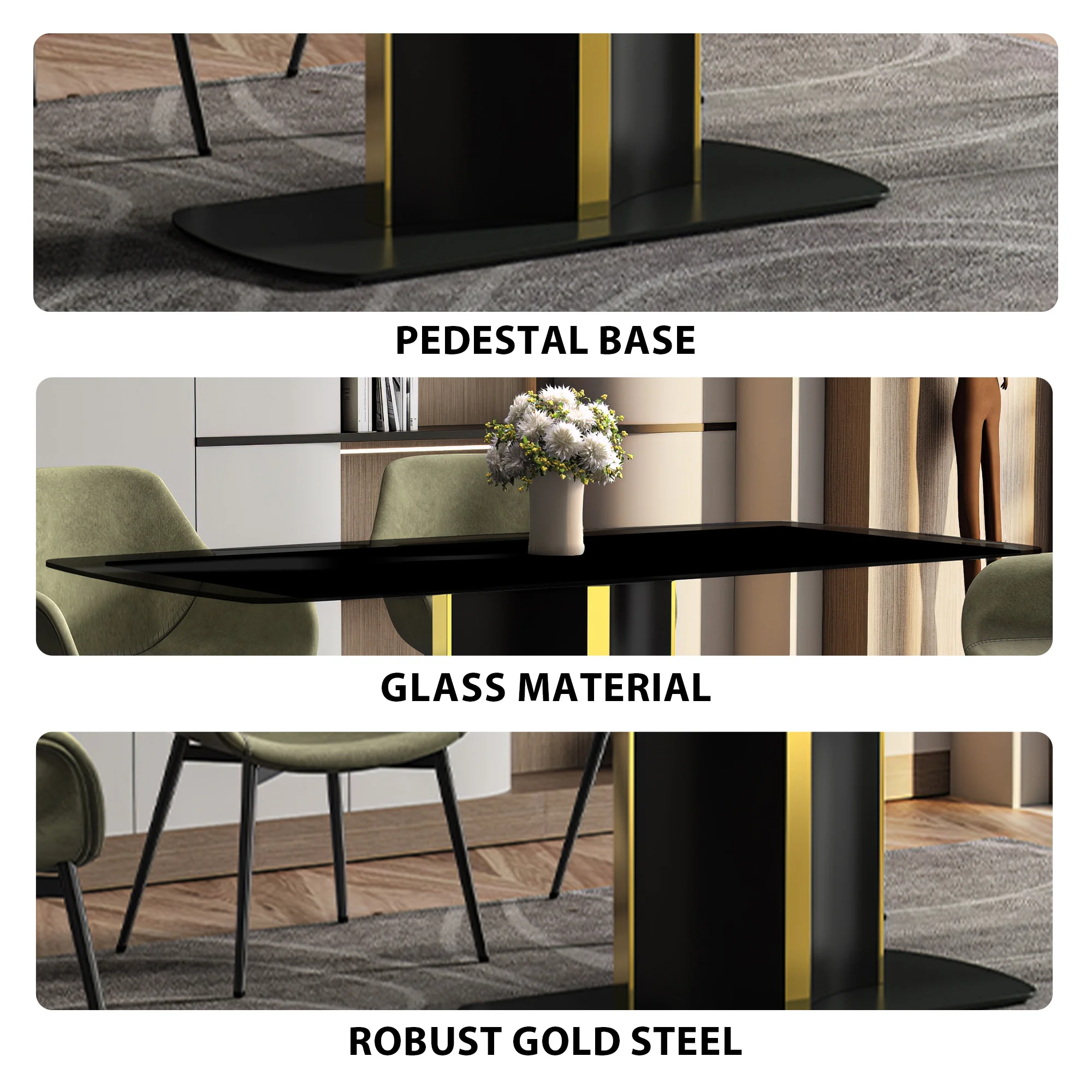 Sylva Series Modern Dining Table Black and Gold Base, With 71" Black Glass Top