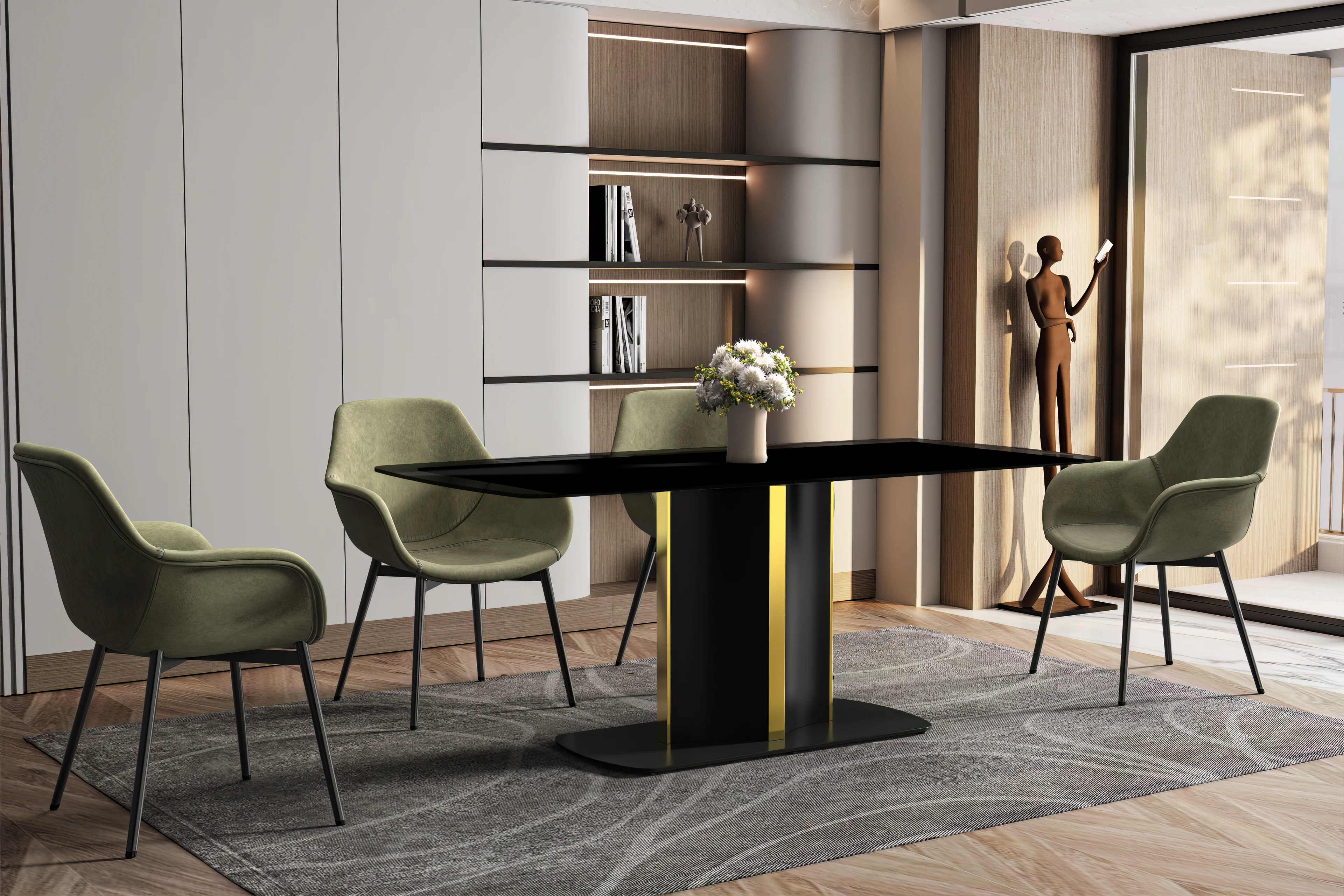 Sylva Series Modern Dining Table Black and Gold Base, With 71" Black Glass Top