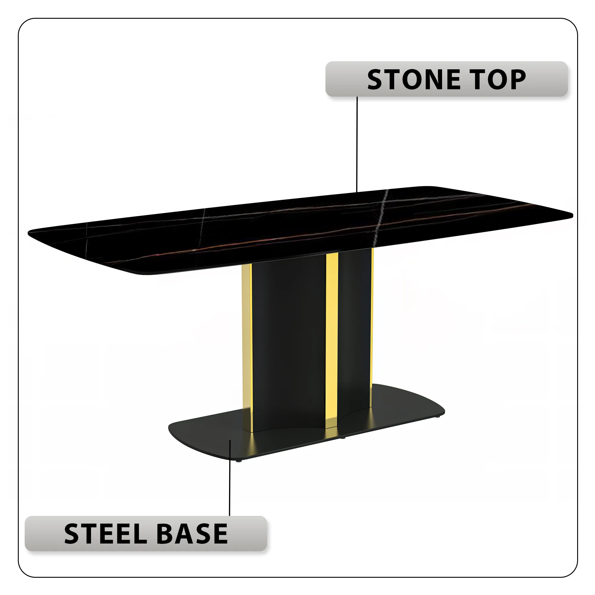 Sylva Series Modern Dining Table Black and Gold Base, With 71" Black/Gold Sintered Stone Top