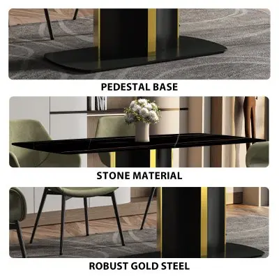 Sylva Series Modern Dining Table Black and Gold Base, With 71" Black/Gold Sintered Stone Top