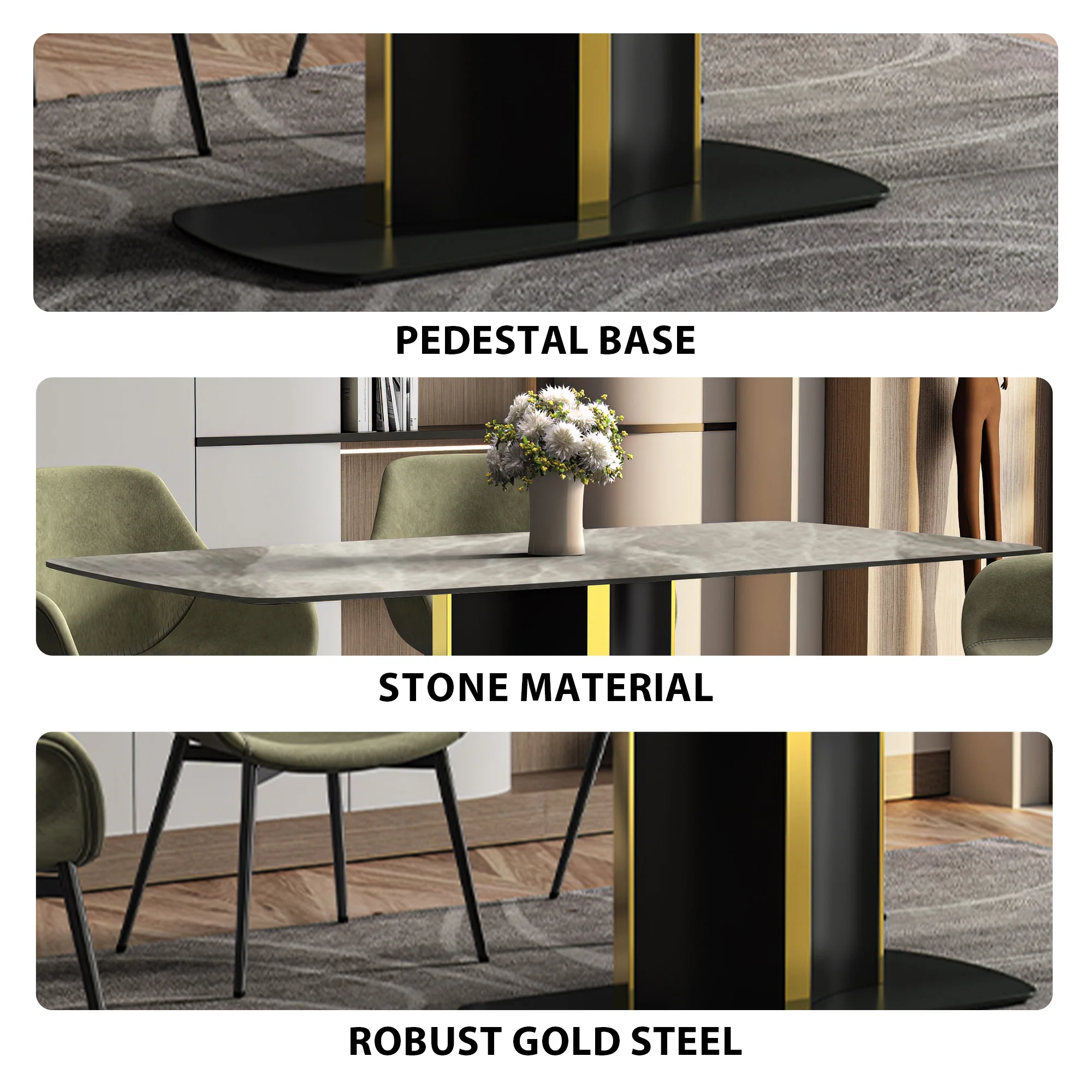 Sylva Series Modern Dining Table Black and Gold Base, With 71" Deep Grey Sintered Stone Top
