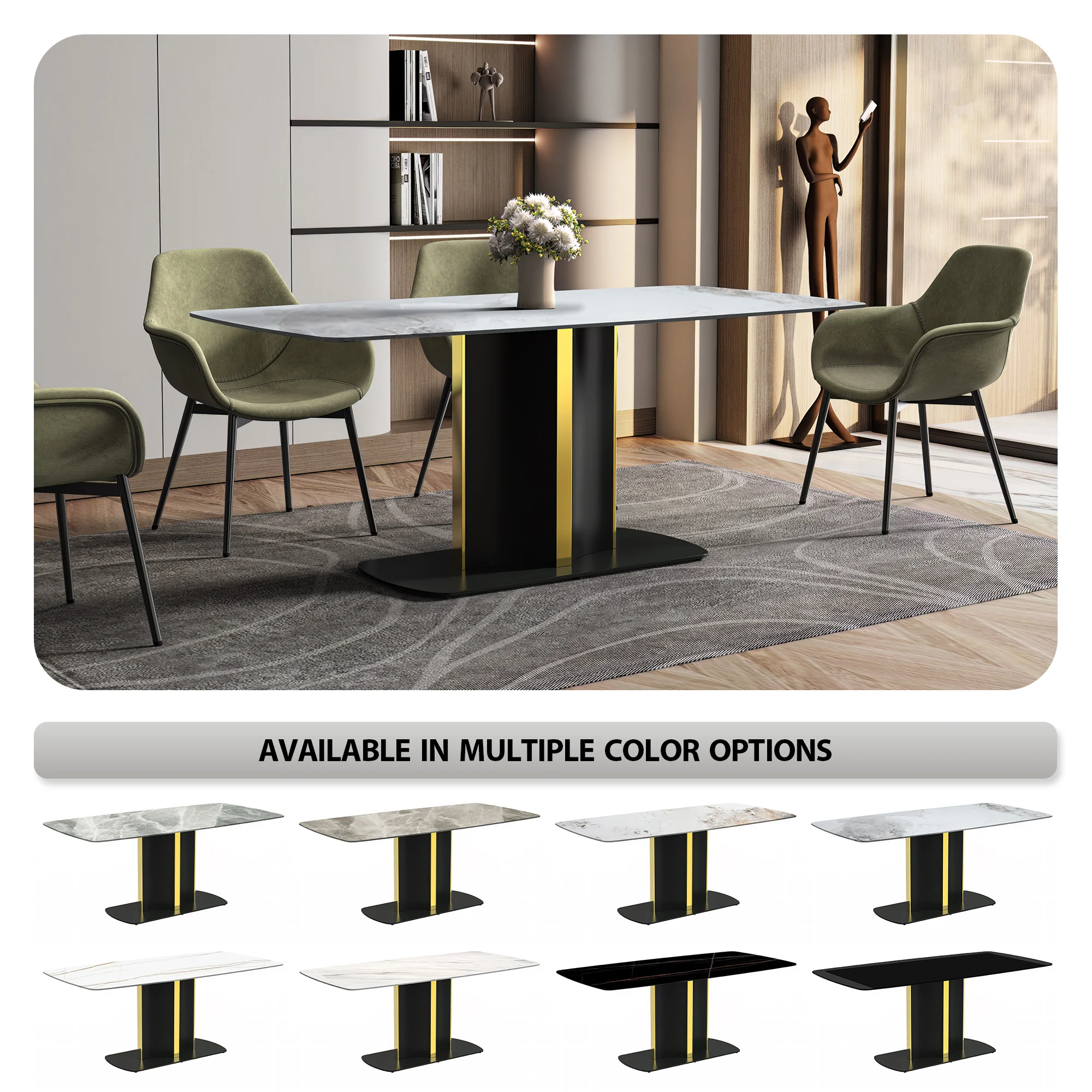 Sylva Series Modern Dining Table Black and Gold Base, With 71" Medium Grey Sintered Stone Top