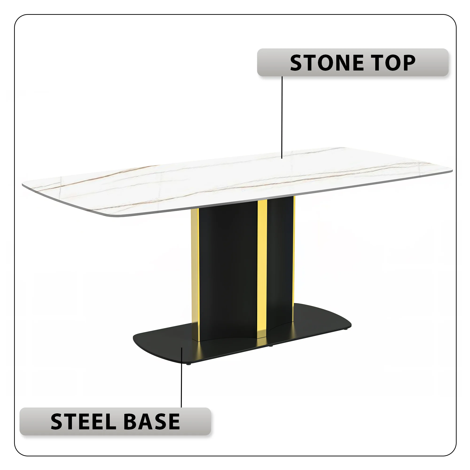 Sylva Series Modern Dining Table Black and Gold Base, With 71" White/Gold Sintered Stone Top