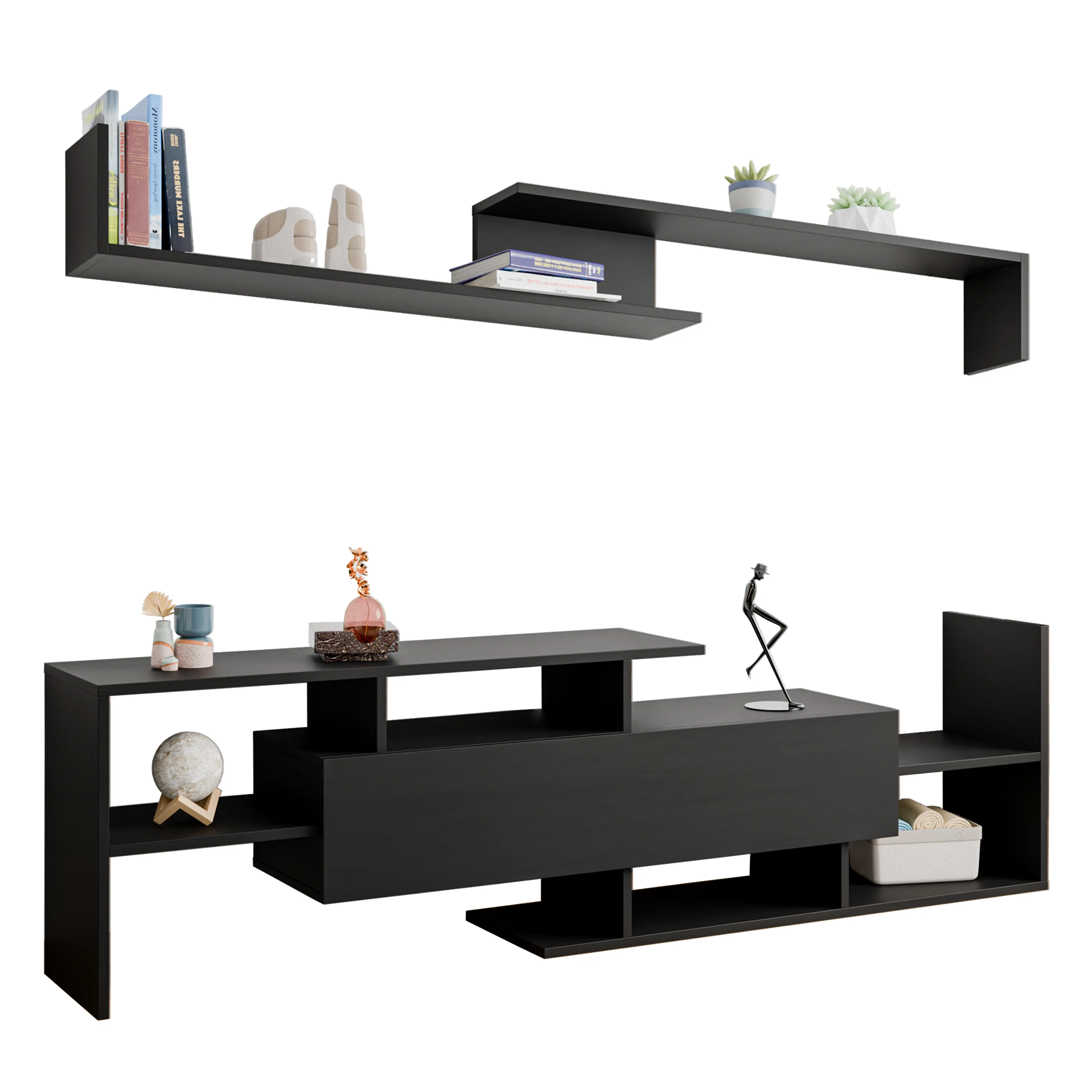 Surrey Modern TV Stand with MDF Shelves and Bookcase in Ebony