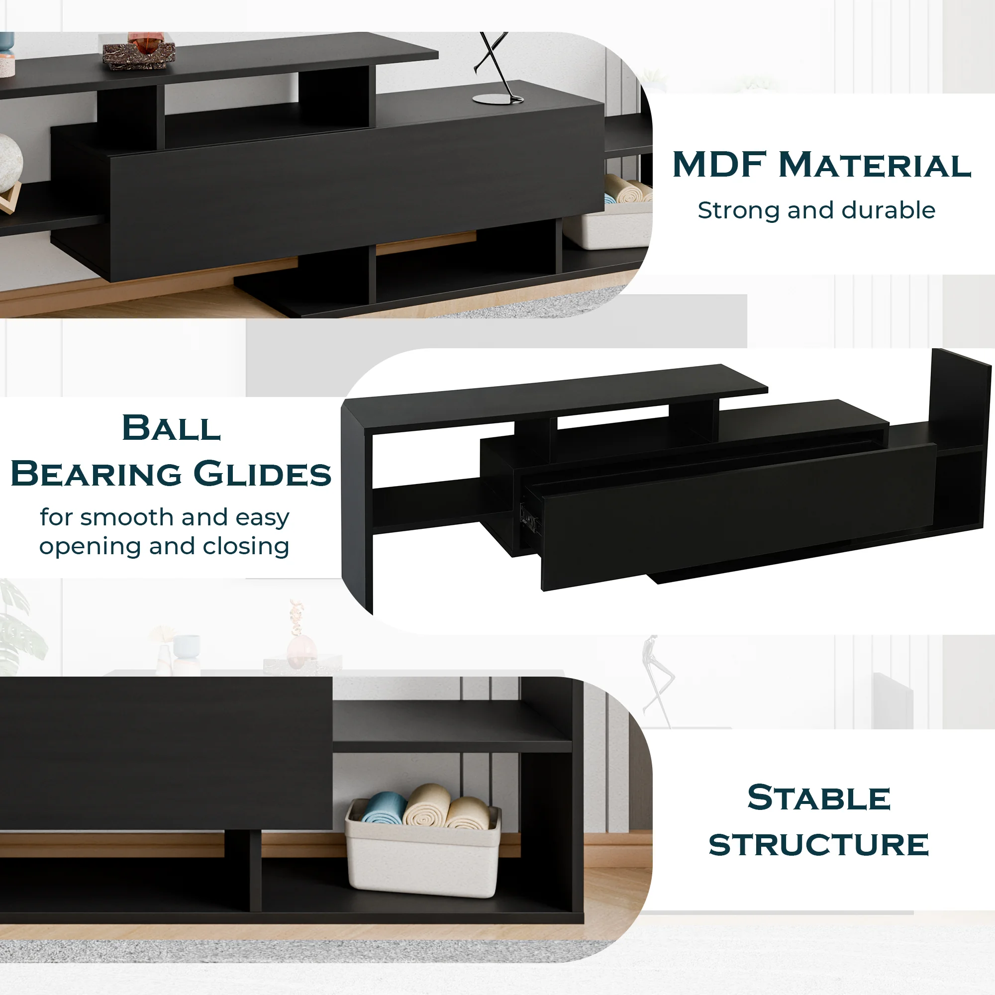 Surrey Modern TV Stand with MDF Shelves and Bookcase in Ebony