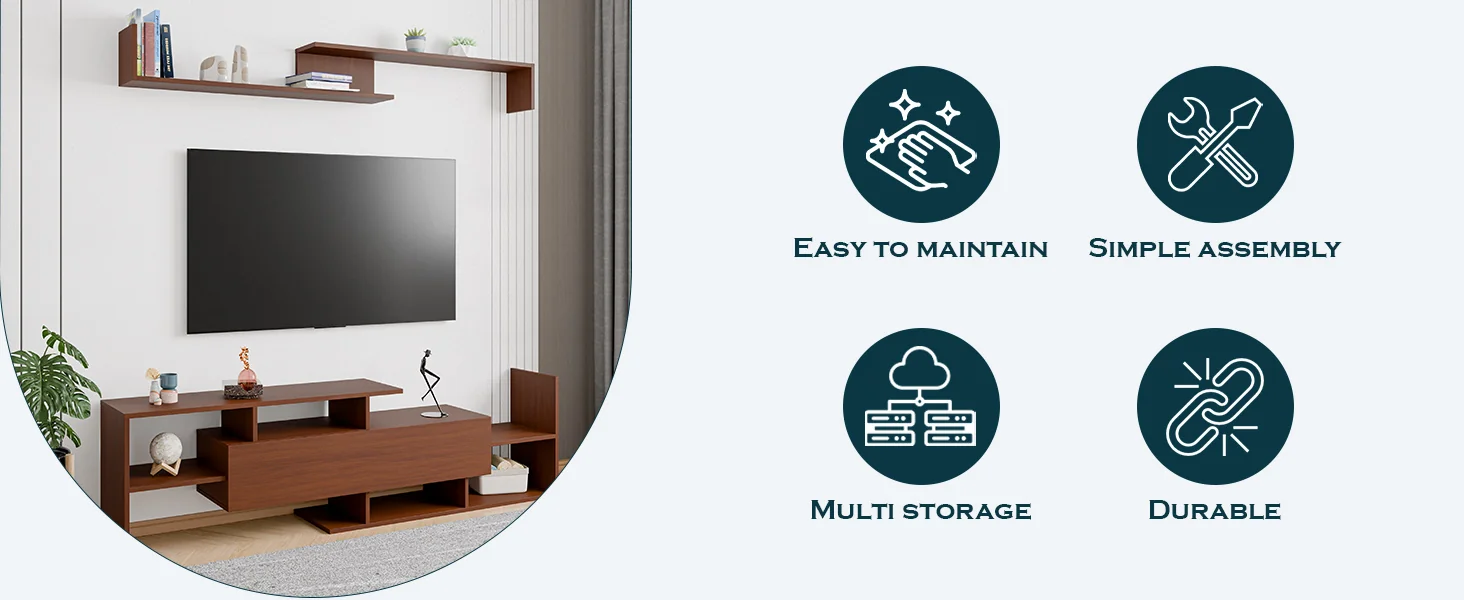 Surrey Modern TV Stand with MDF Shelves and Bookcase in Walnut