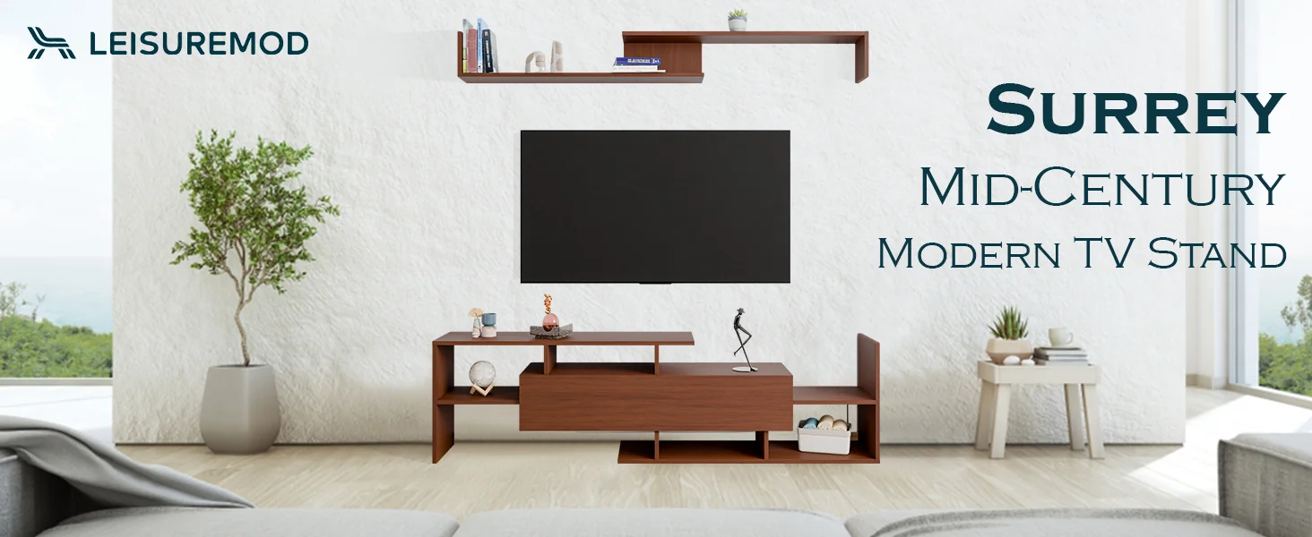 Surrey Modern TV Stand with MDF Shelves and Bookcase in Walnut