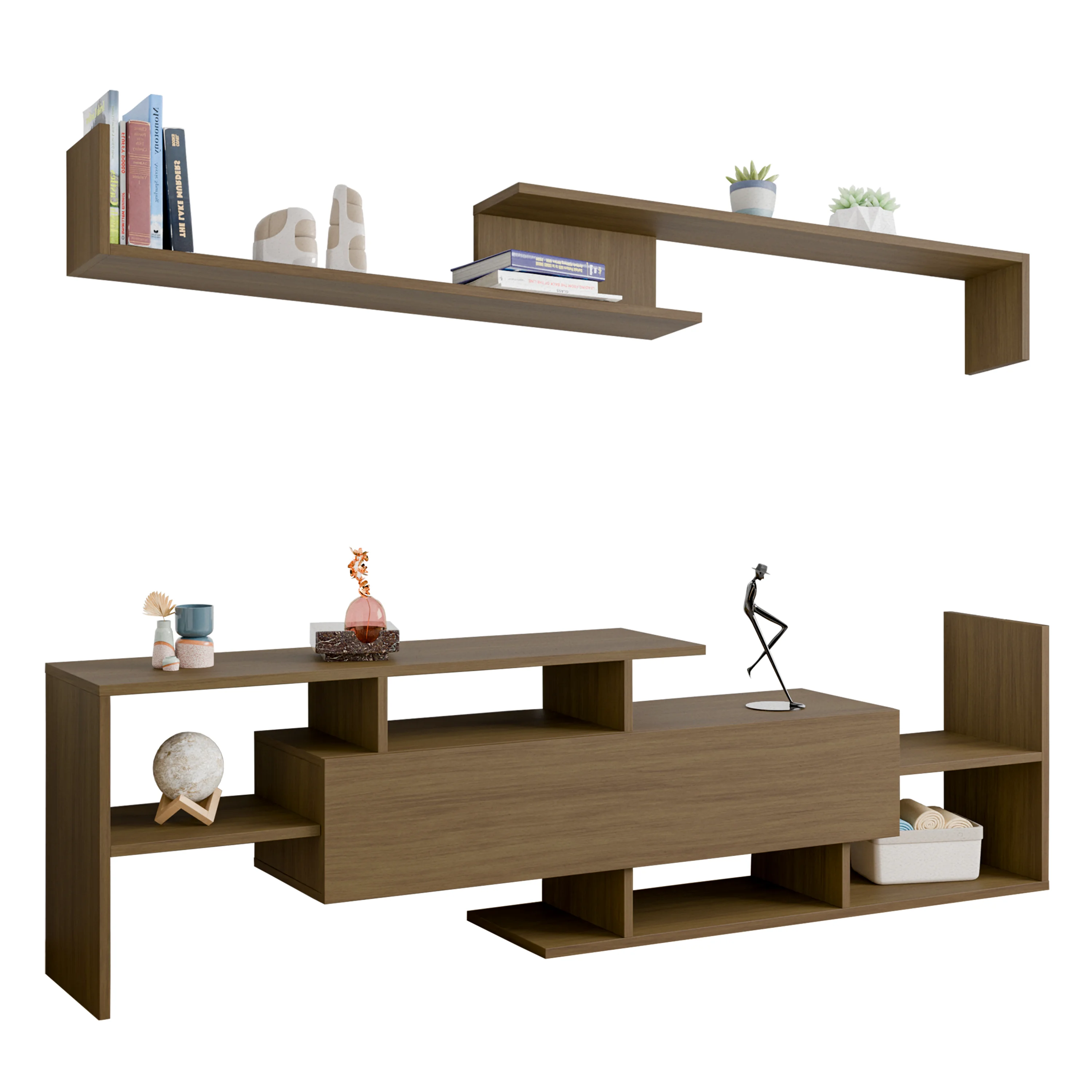 Surrey Modern TV Stand with MDF Shelves and Bookcase in Oak Wood
