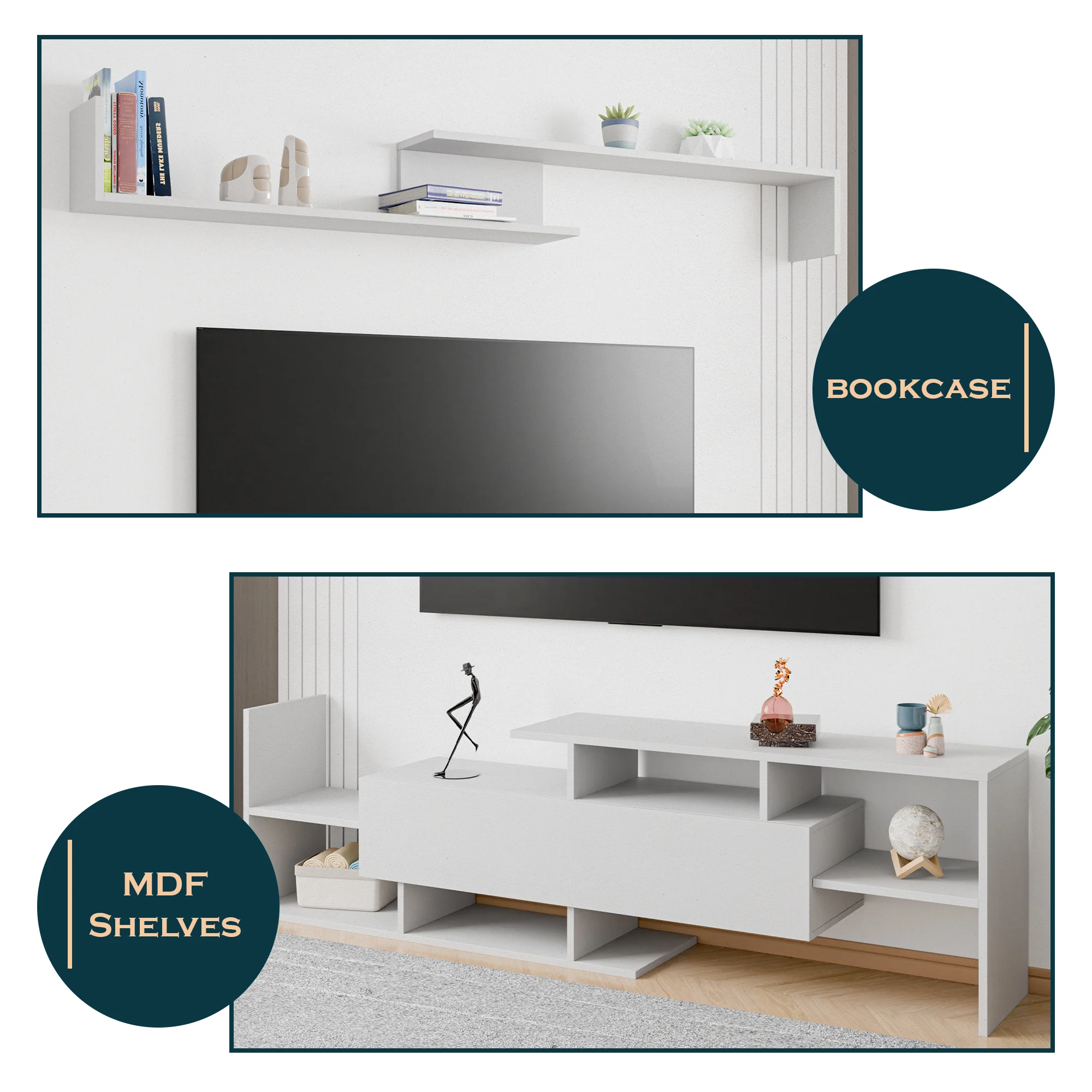 Surrey Modern TV Stand with MDF Shelves and Bookcase in White