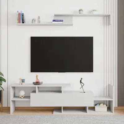 Surrey Modern TV Stand with MDF Shelves and Bookcase in White